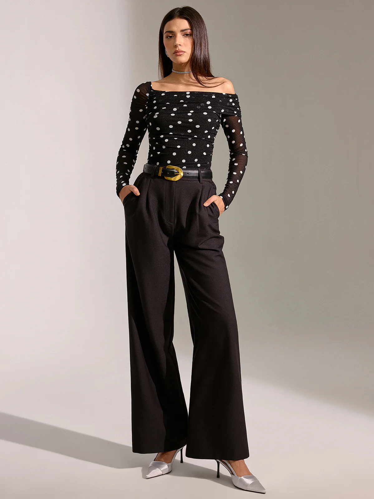 Semi-Sheer Mesh Polka Dot Ruched Off-Shoulder T-Shirt