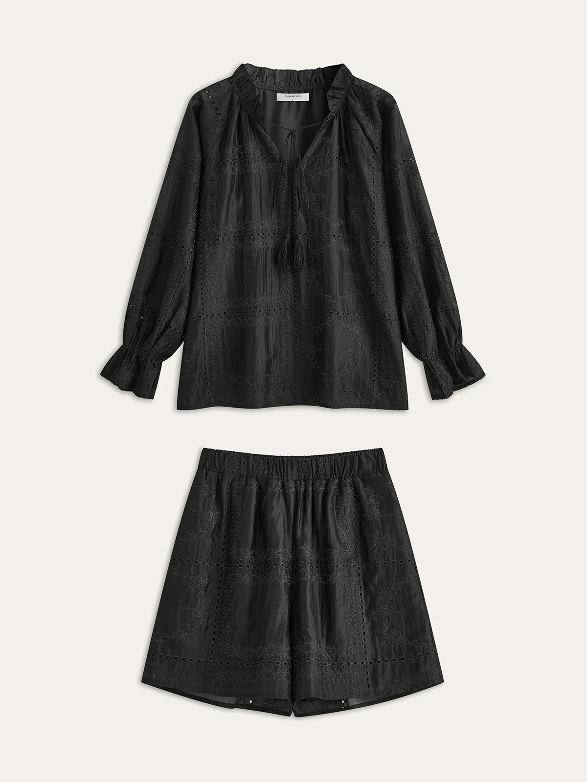 Embroidery Detail Long Sleeve Shorts Set