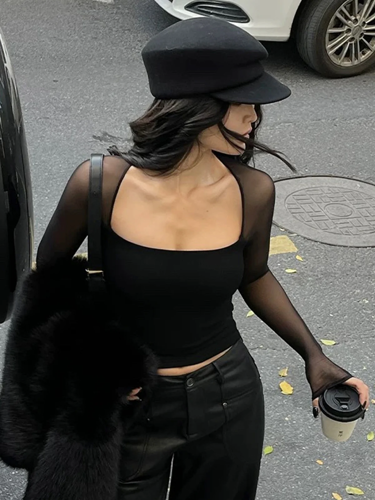 Square Neck Sheer Panel Crop T-Shirt