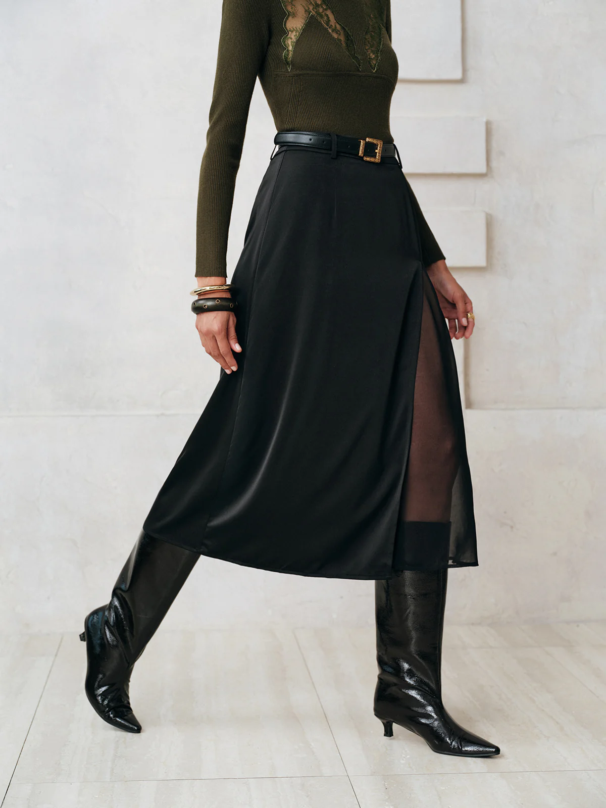 Sheer Slit Midi Skirt without Belt