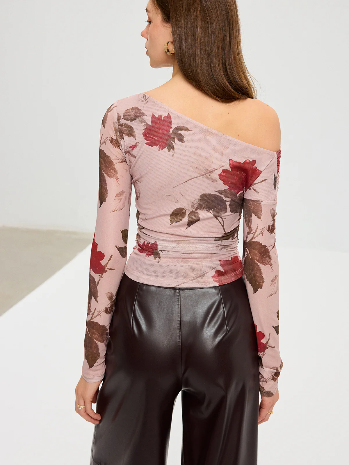 Floral Print Off-Shoulder Mesh T-Shirt