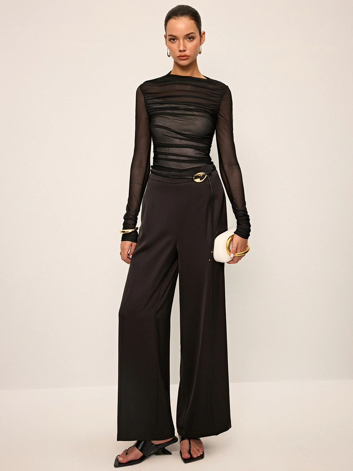 Sheer Mesh Ruched Long-Sleeve Top