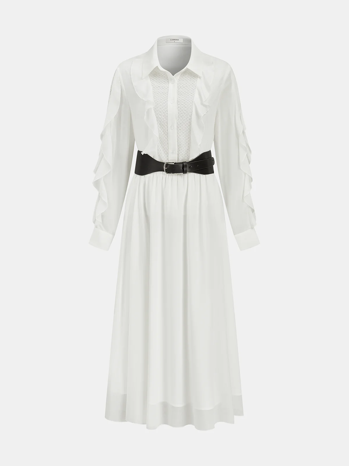 Ruffled Shirt and Midi Skirt Set with Belt