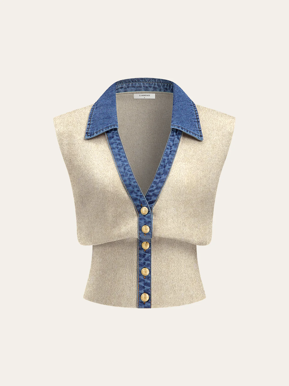 Denim Trim Metal Button Knit Vest