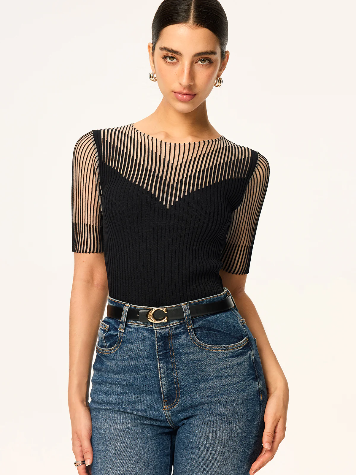 Sheer Striped Panel Ribbed Knit Top