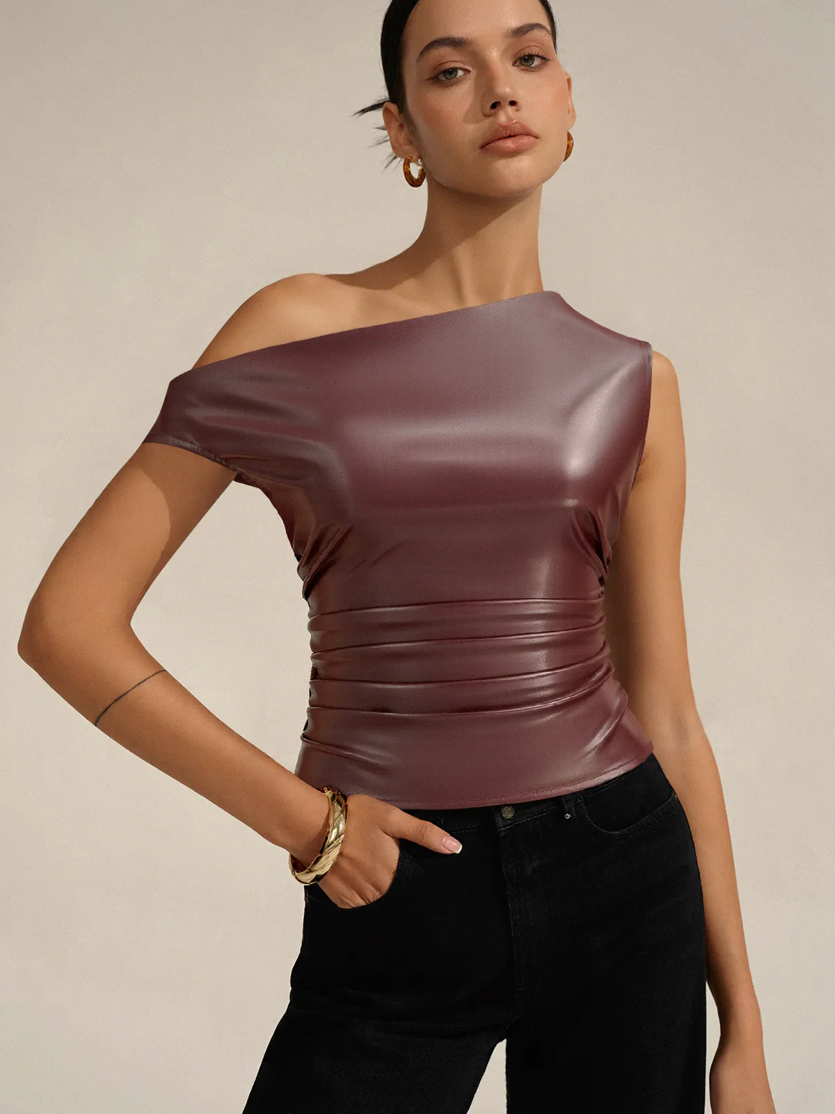 One-Shoulder PU Leather Tank Top