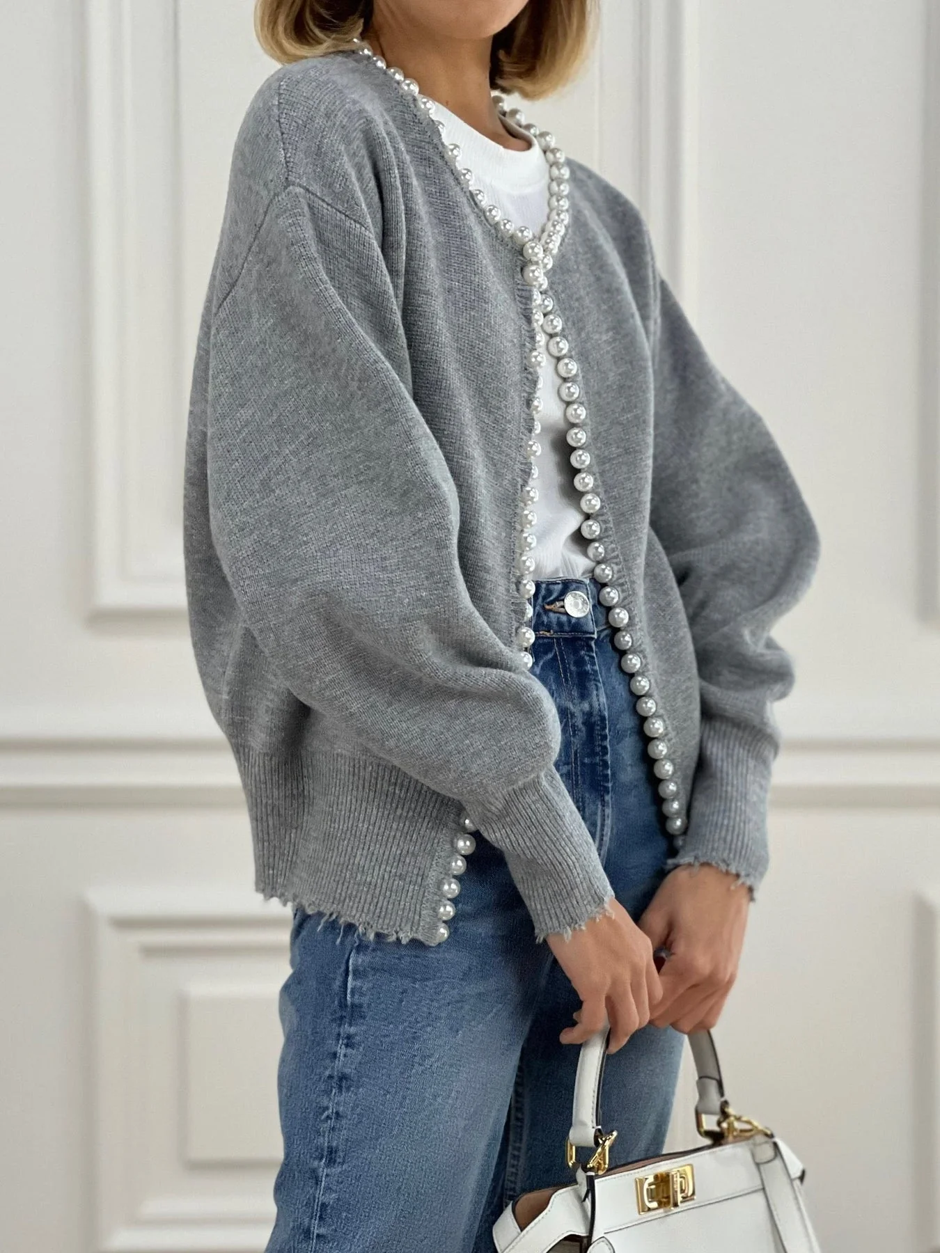 Pearl Trim Ripped Hem Cardigan