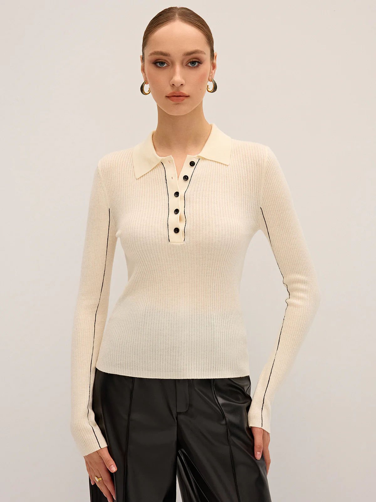 Wool Blend Ribbed Polo Knit Top