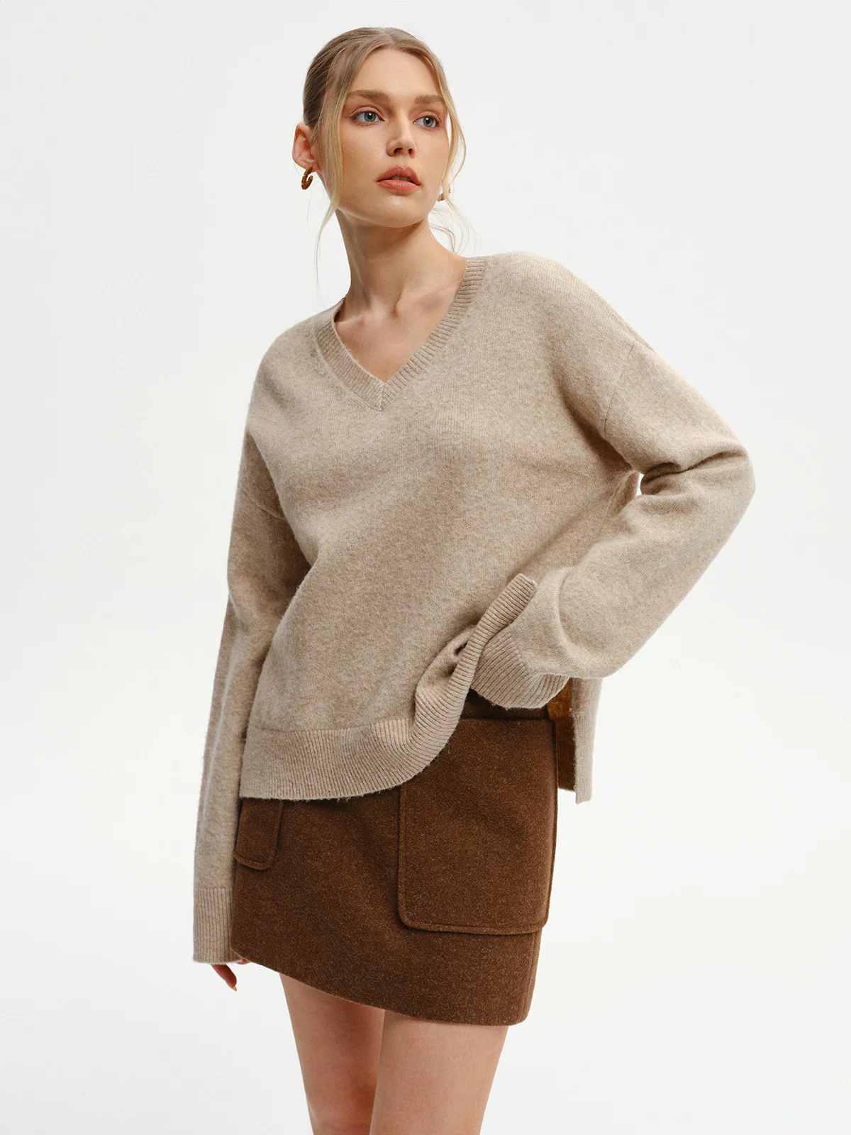 Wool-Blend V-Neck Sweater with Side Slit