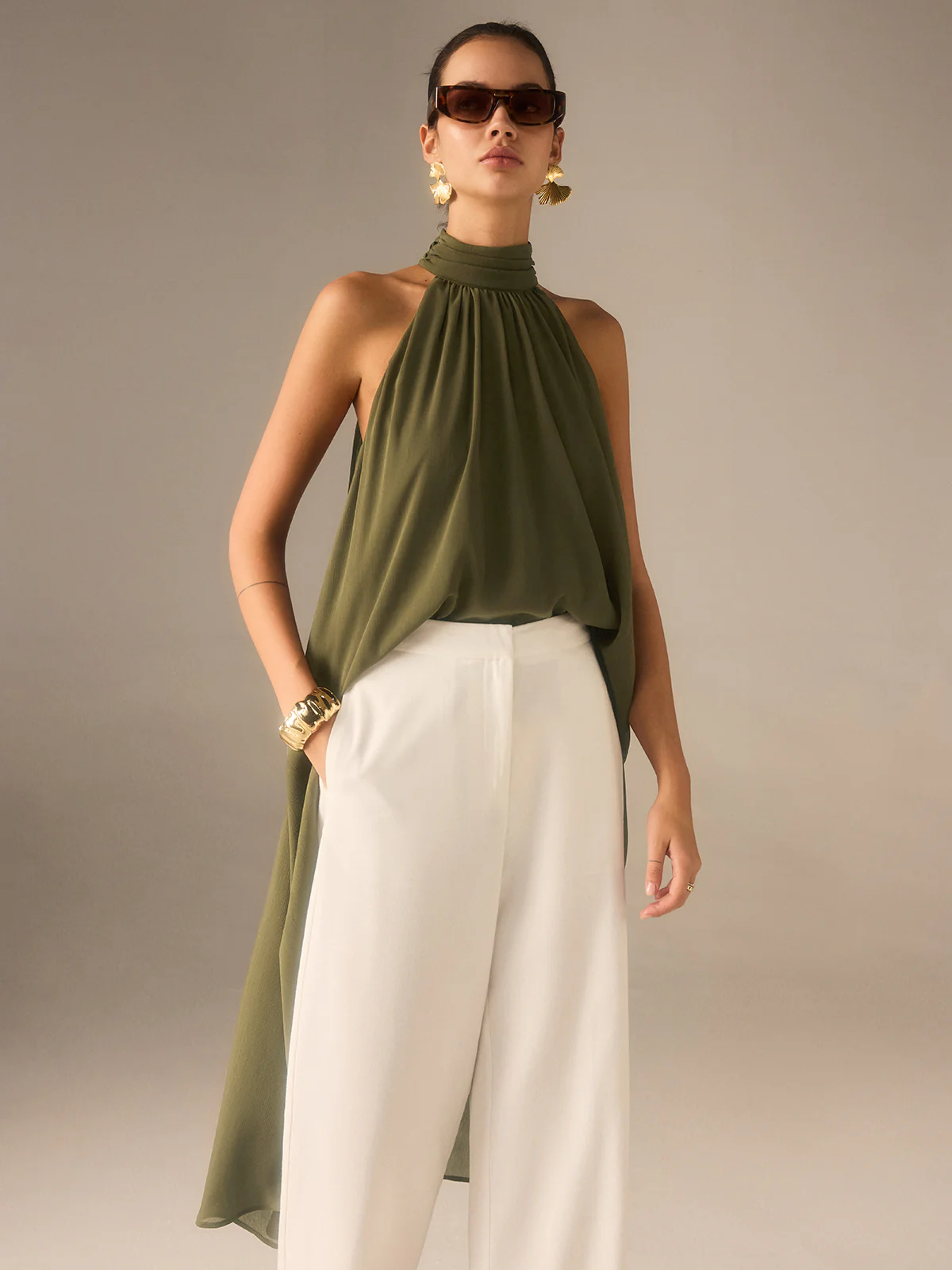 Semi-Sheer Halter-Neck Chiffon Long Top