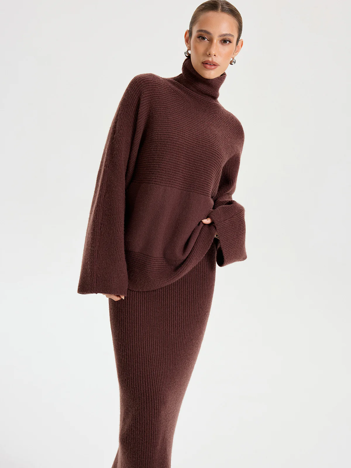 Turtleneck Knit Top and Maxi Skirt Set