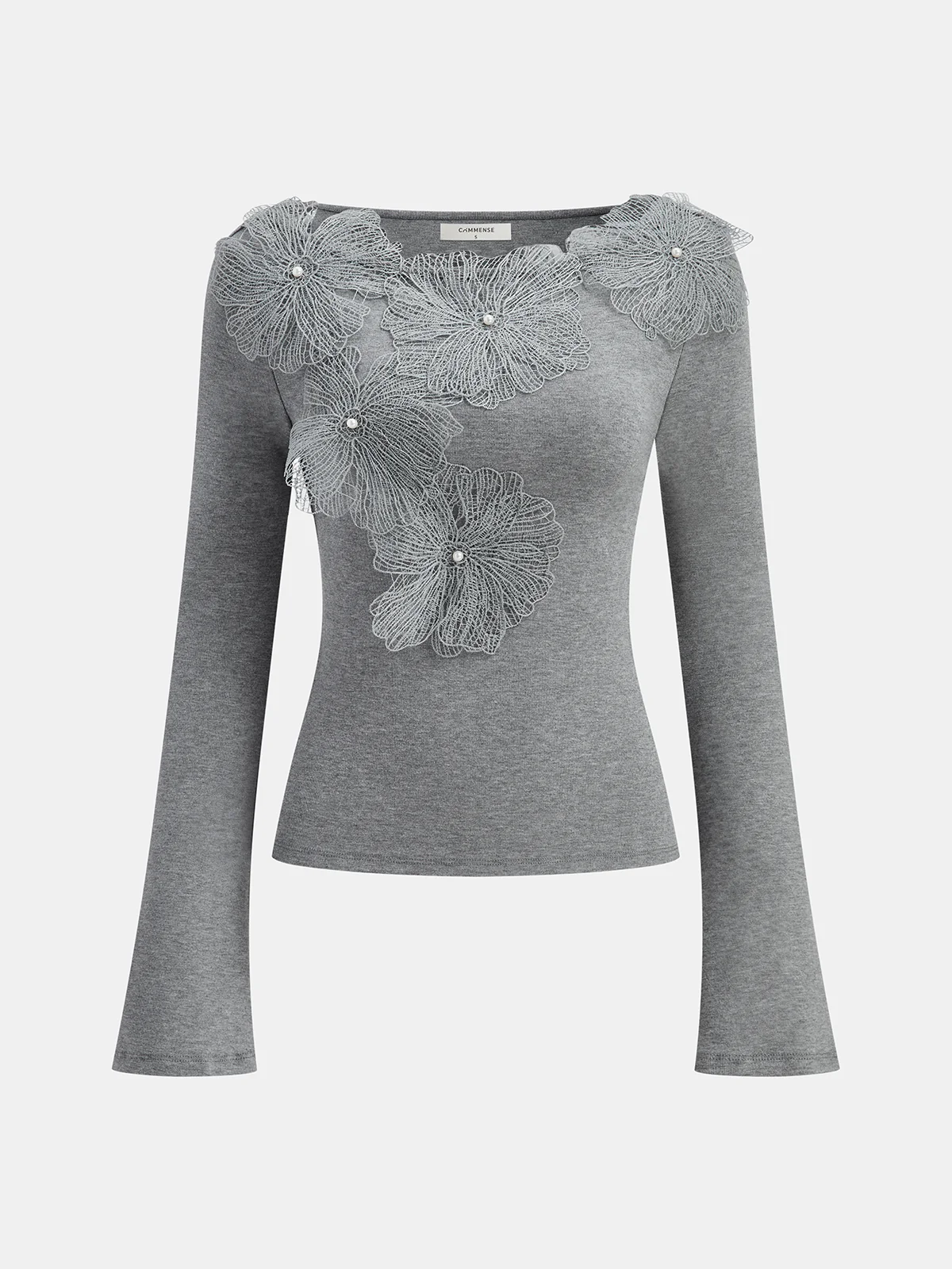 Faux Pearl Decor 3D Floral Fitted Soft Knit Top