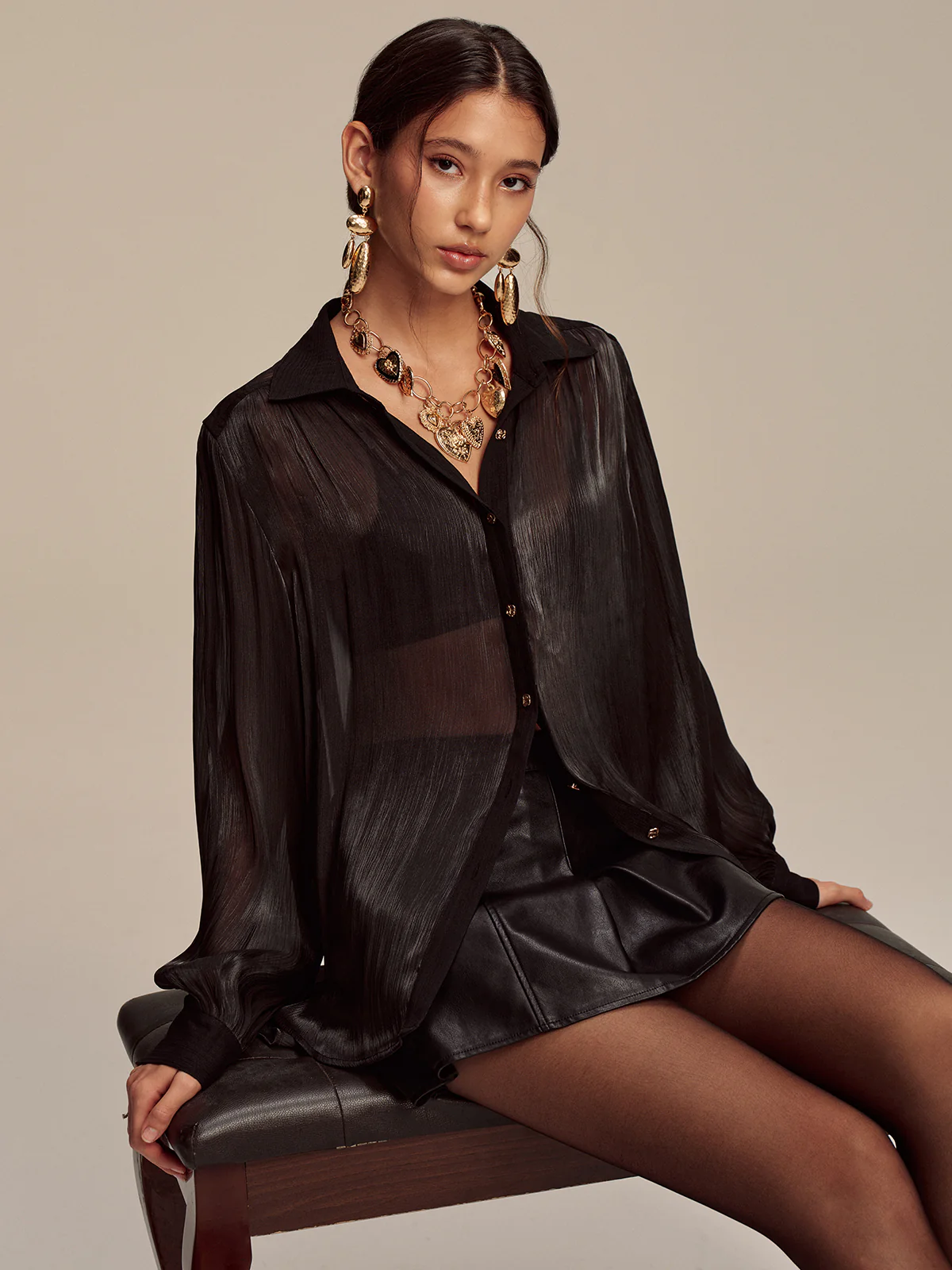 Sheer Chiffon Textured Metal Button Shirt