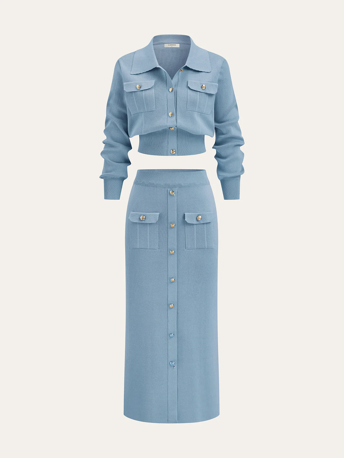 Metal Button Collared Cardigan and Midi Skirt Set