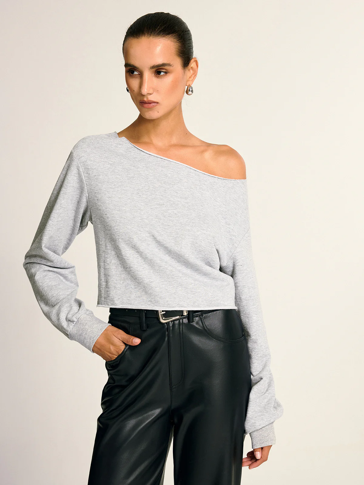 Asymmetric Off-Shoulder Cropped Sweatshirt