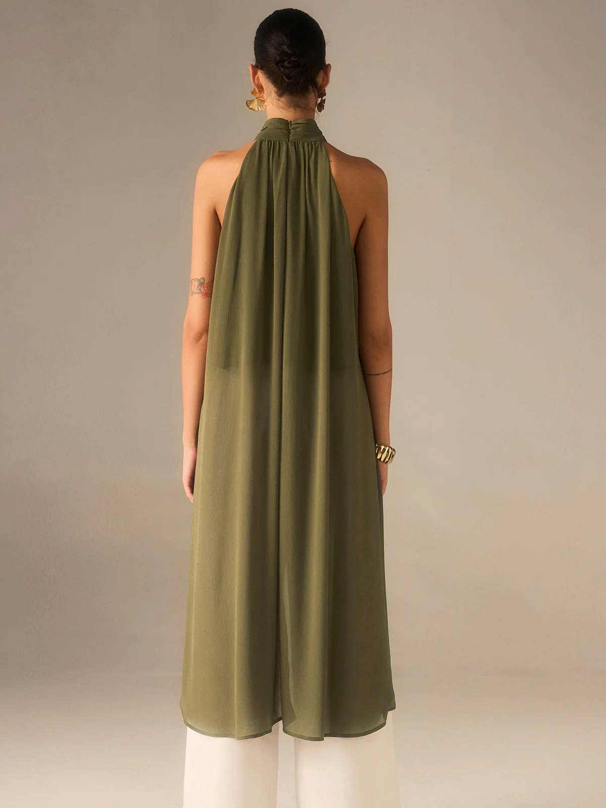 Semi-Sheer Halter-Neck Chiffon Long Top