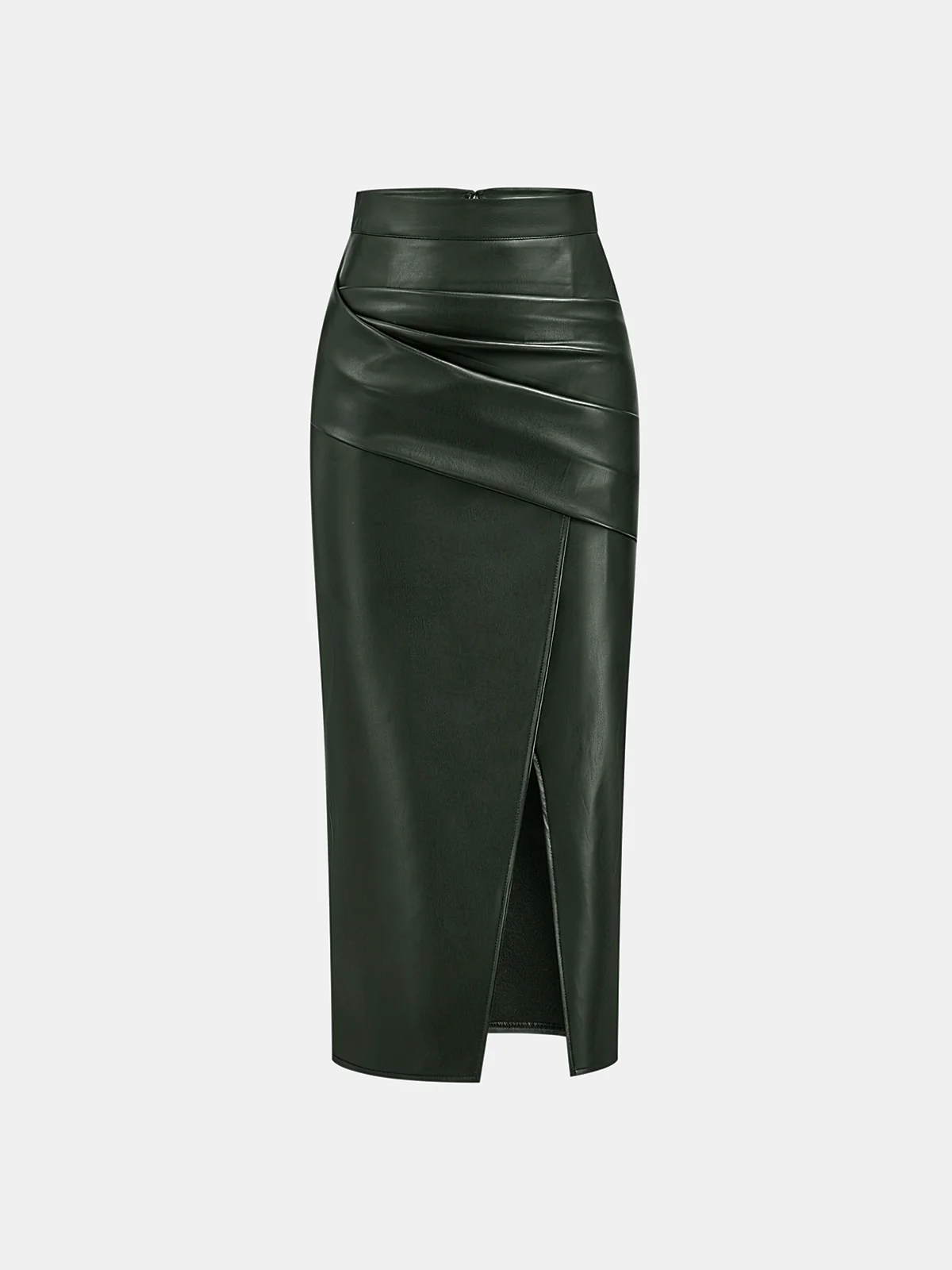 Ruched Slit PU Leather Midi Skirt