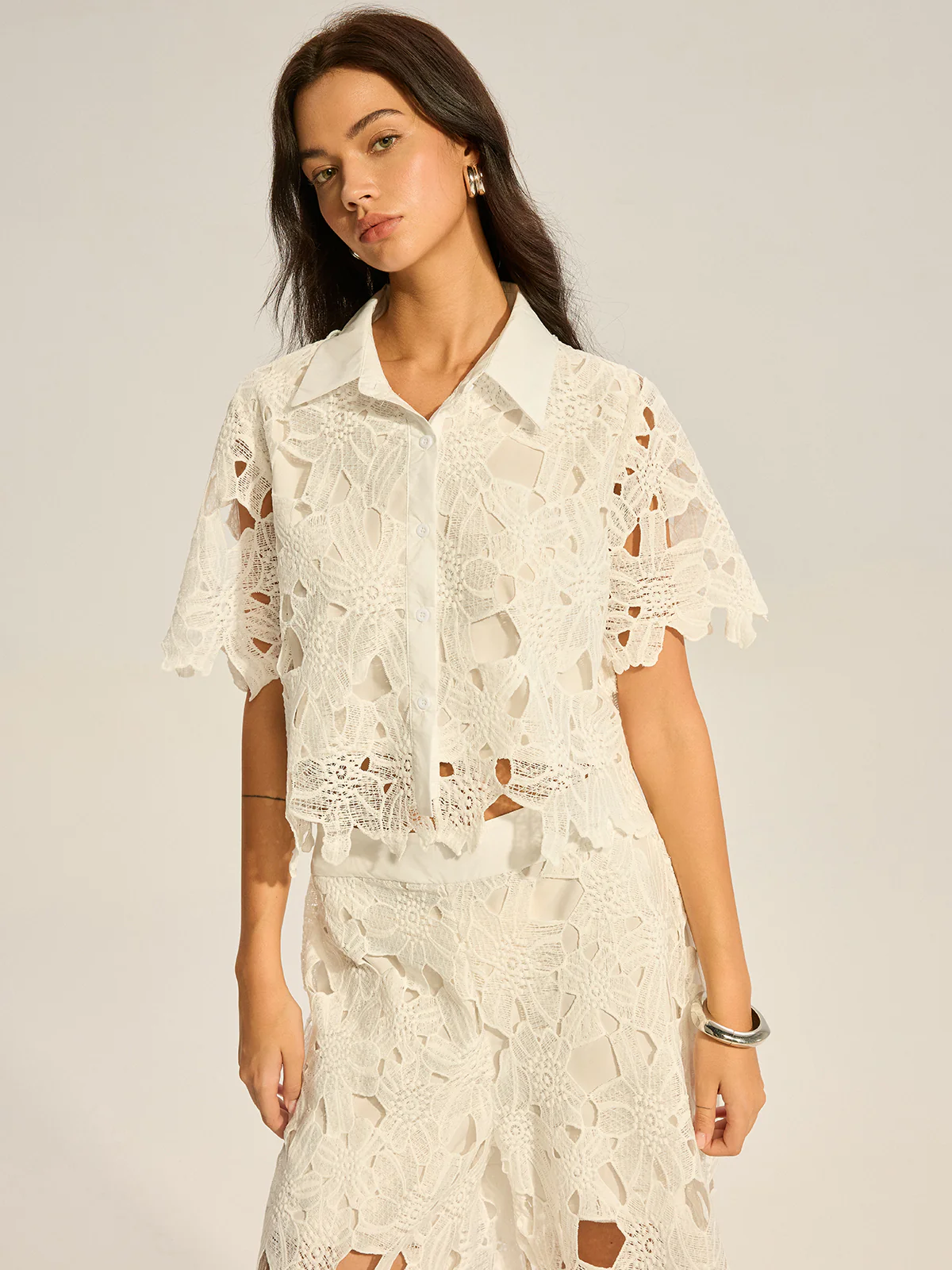 Lace Crochet Cut-Out Top and Wide-Leg Pants Set