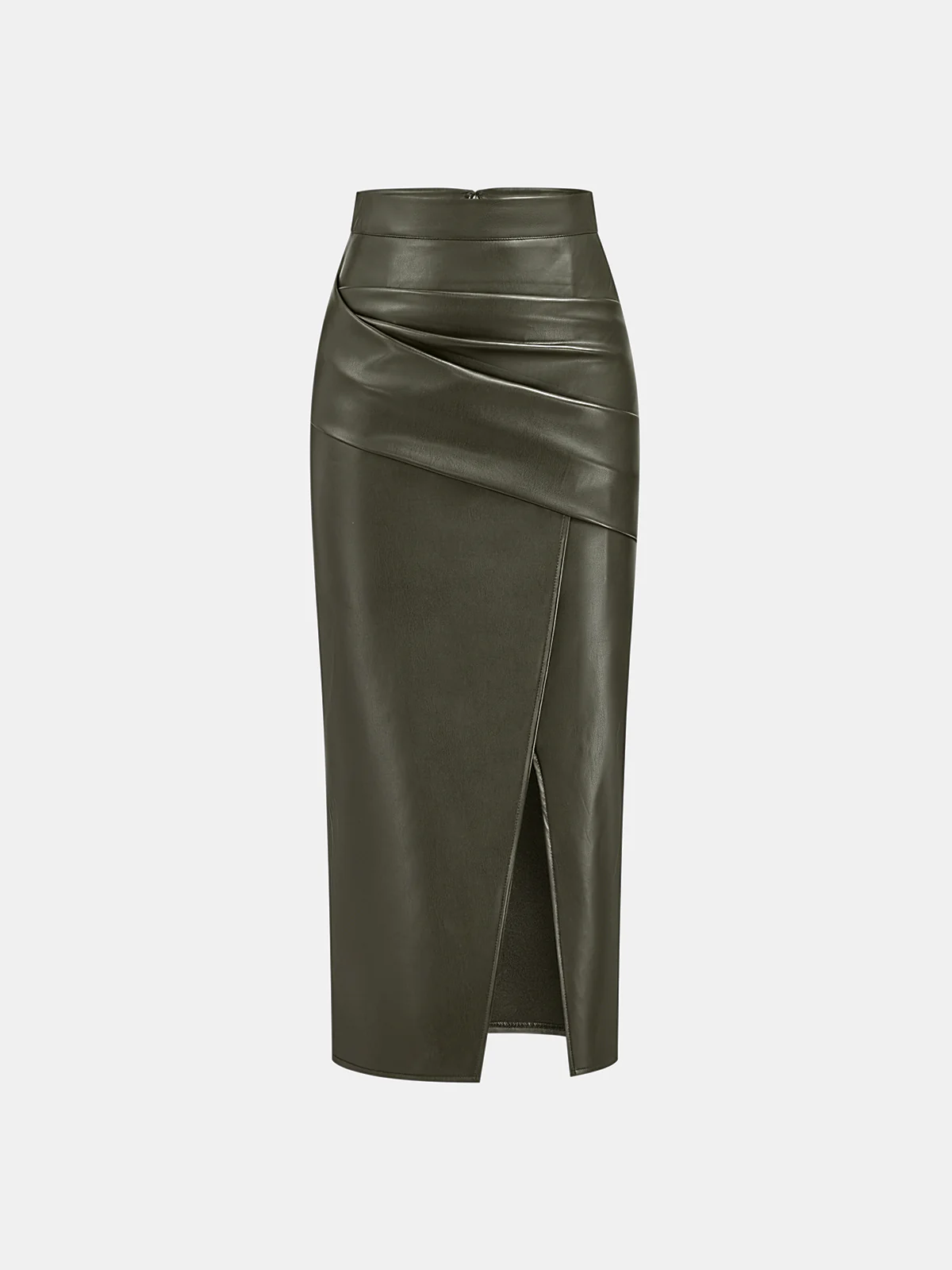 Ruched Slit PU Leather Midi Skirt