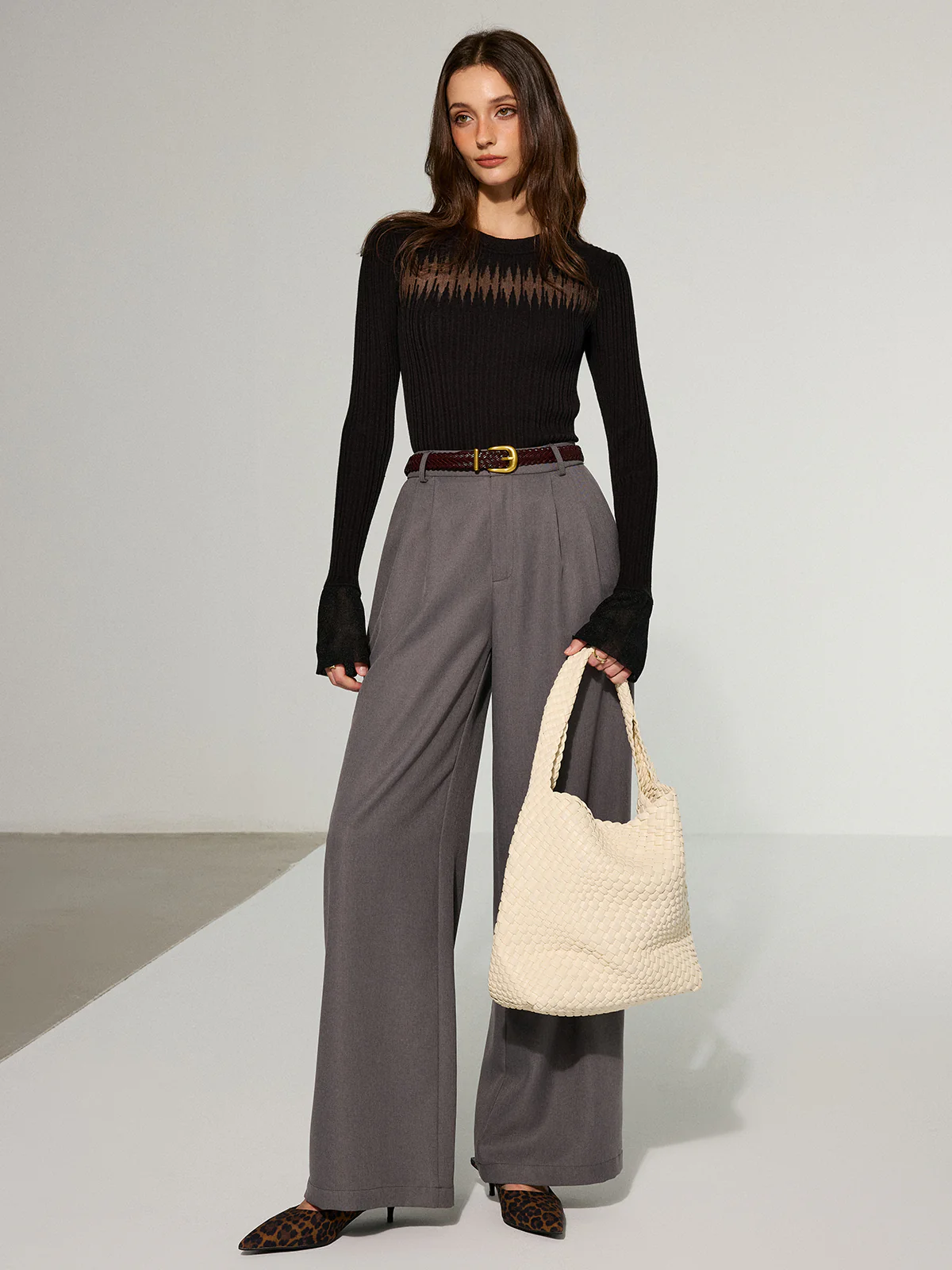 Flared Cuff Sheer Panel Knit Top