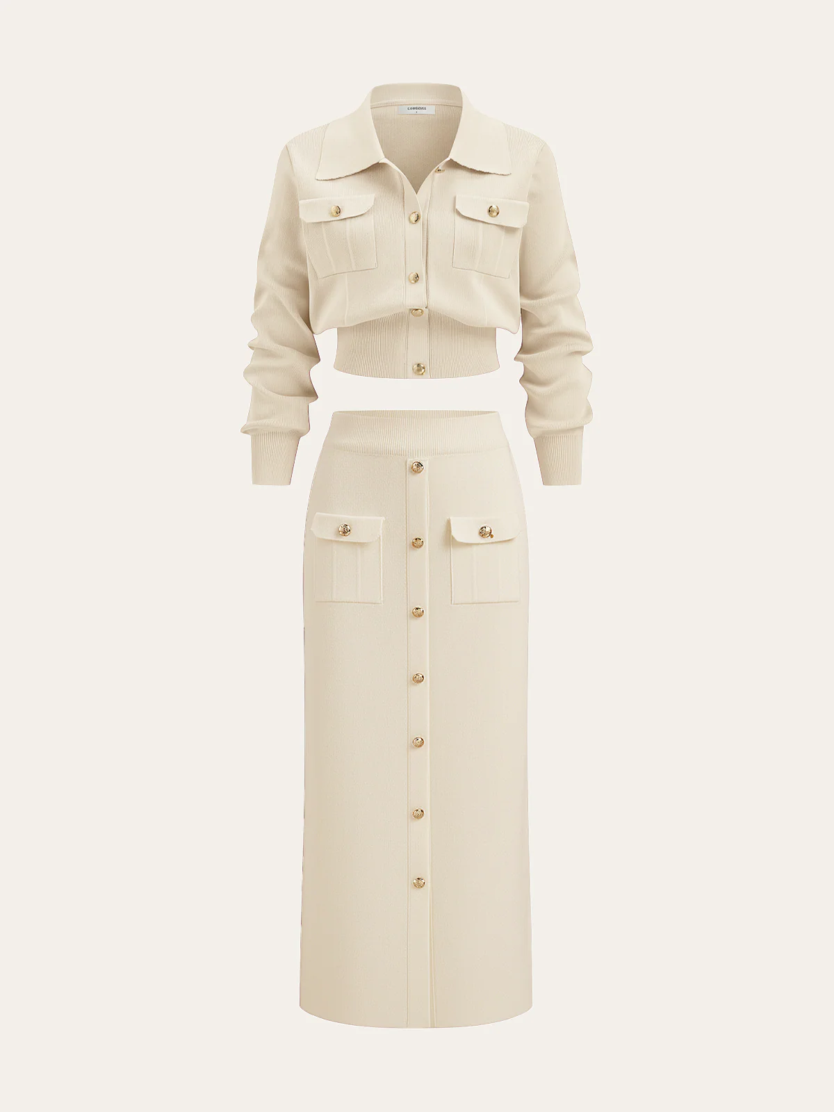 Metal Button Collared Cardigan and Midi Skirt Set