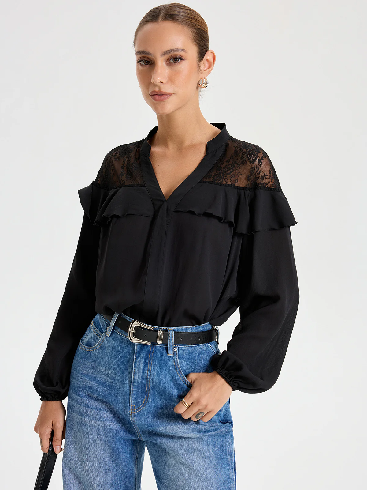 Black Lace Detailed Long Sleeve Blouse