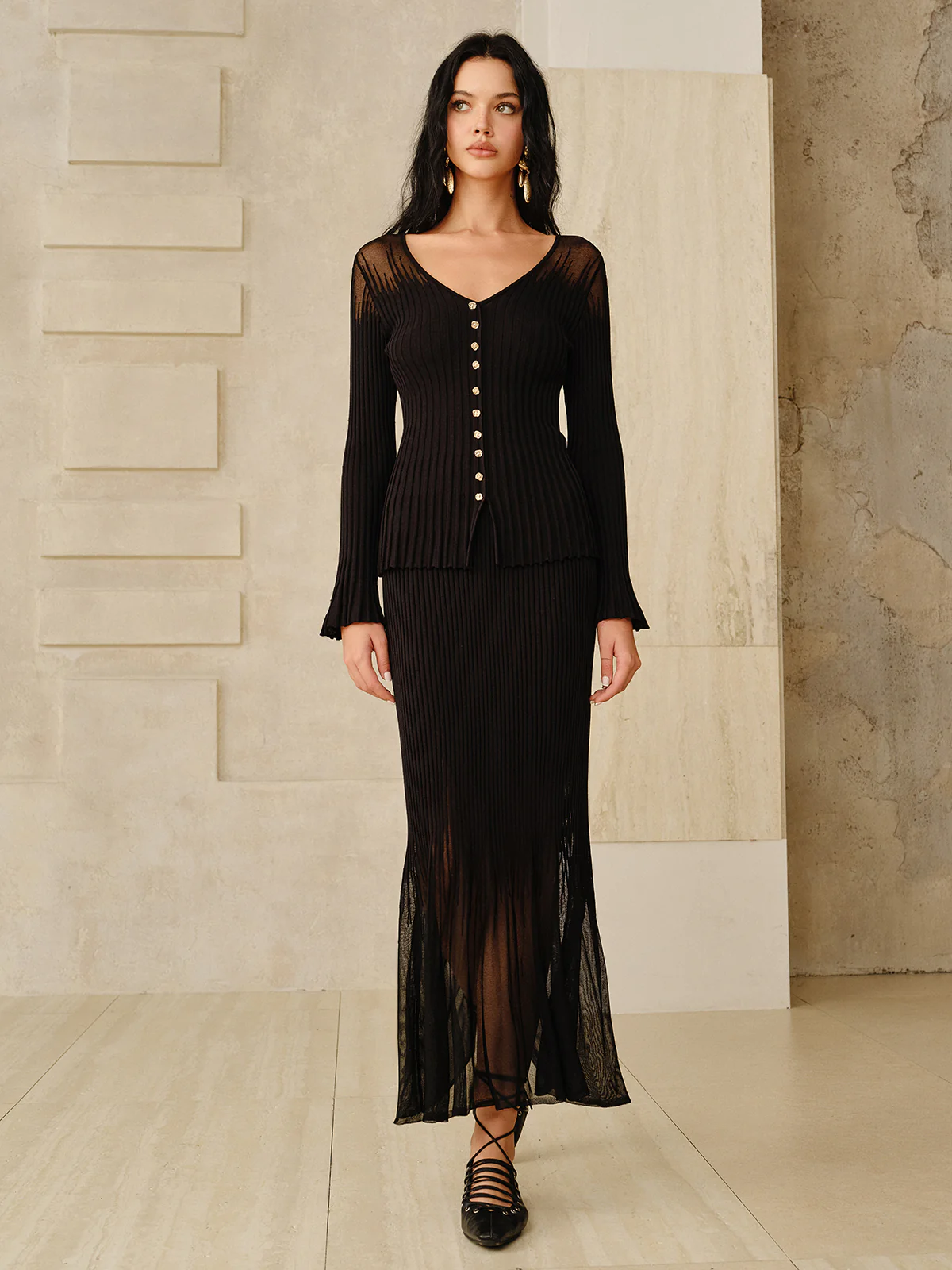 Mesh Panel Ribbed Knit Top