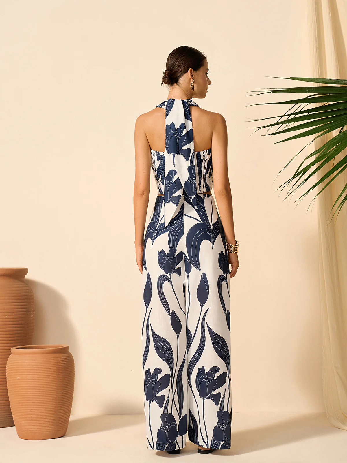 Floral Print Halter Top With Pants Set