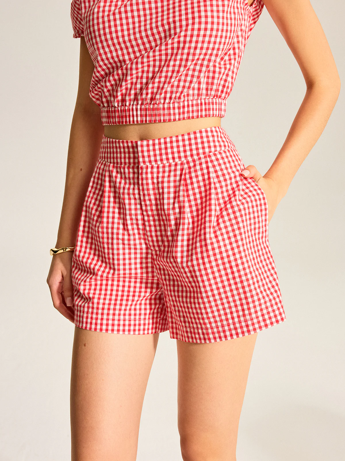 Gingham One-Shoulder Top and Shorts Set