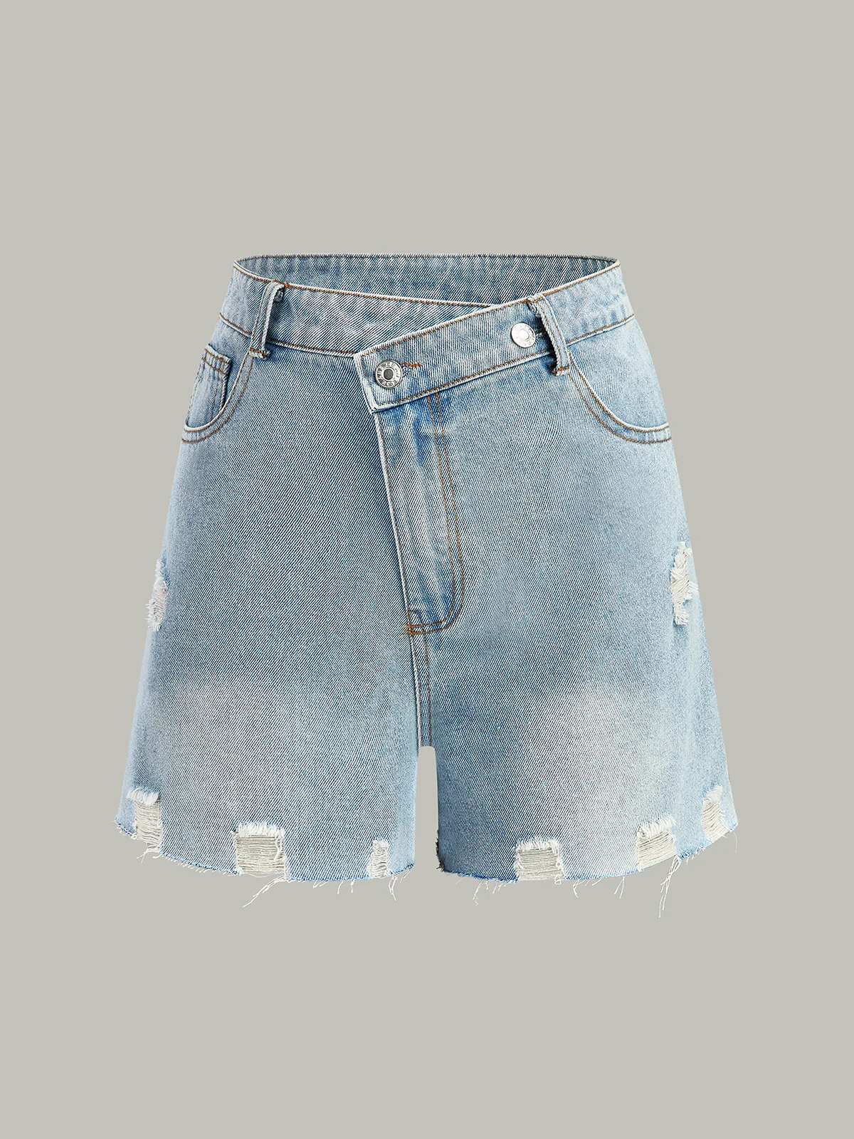 Asymmetric Waist Distressed Denim Shorts