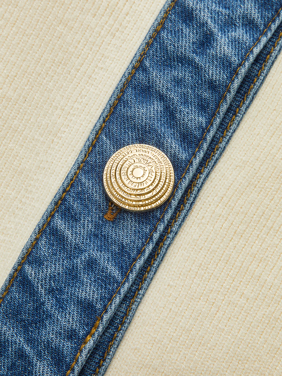 Denim Collar Metal Button V-Neck Knit Top