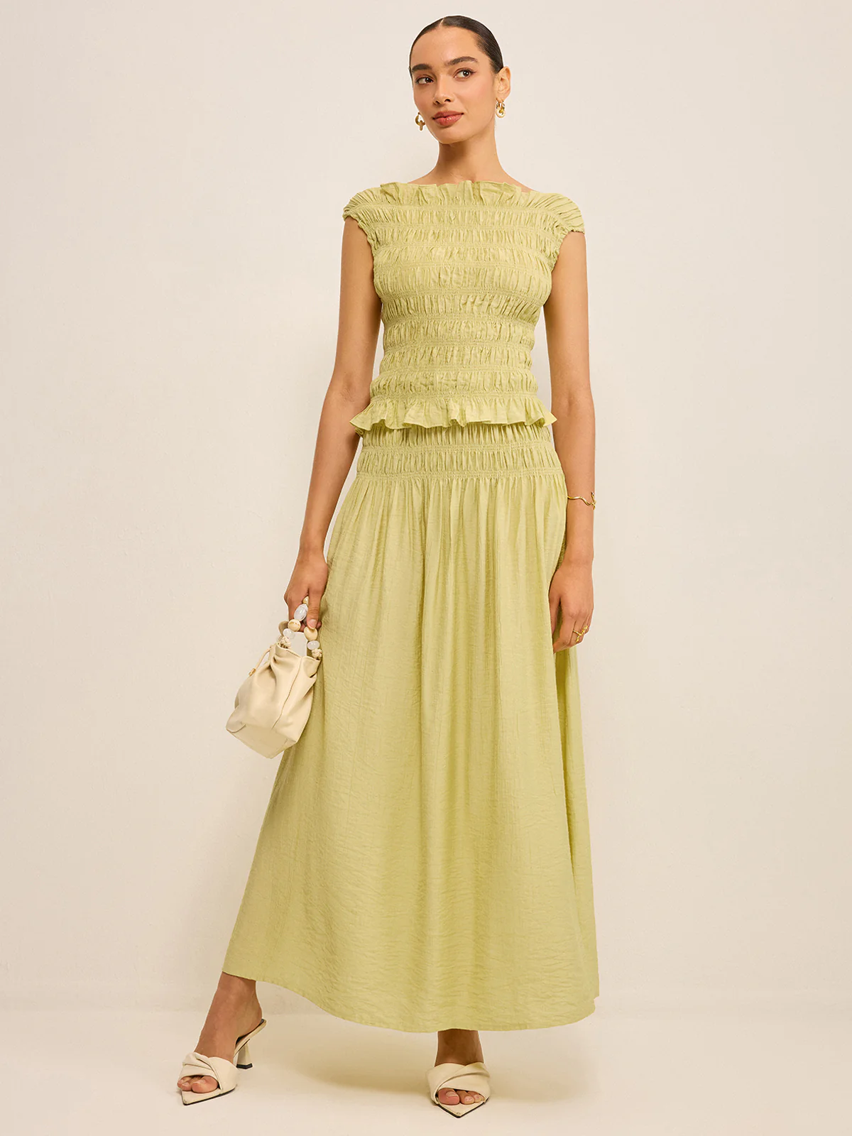 Pleated Linen Smocked Maxi Skirt
