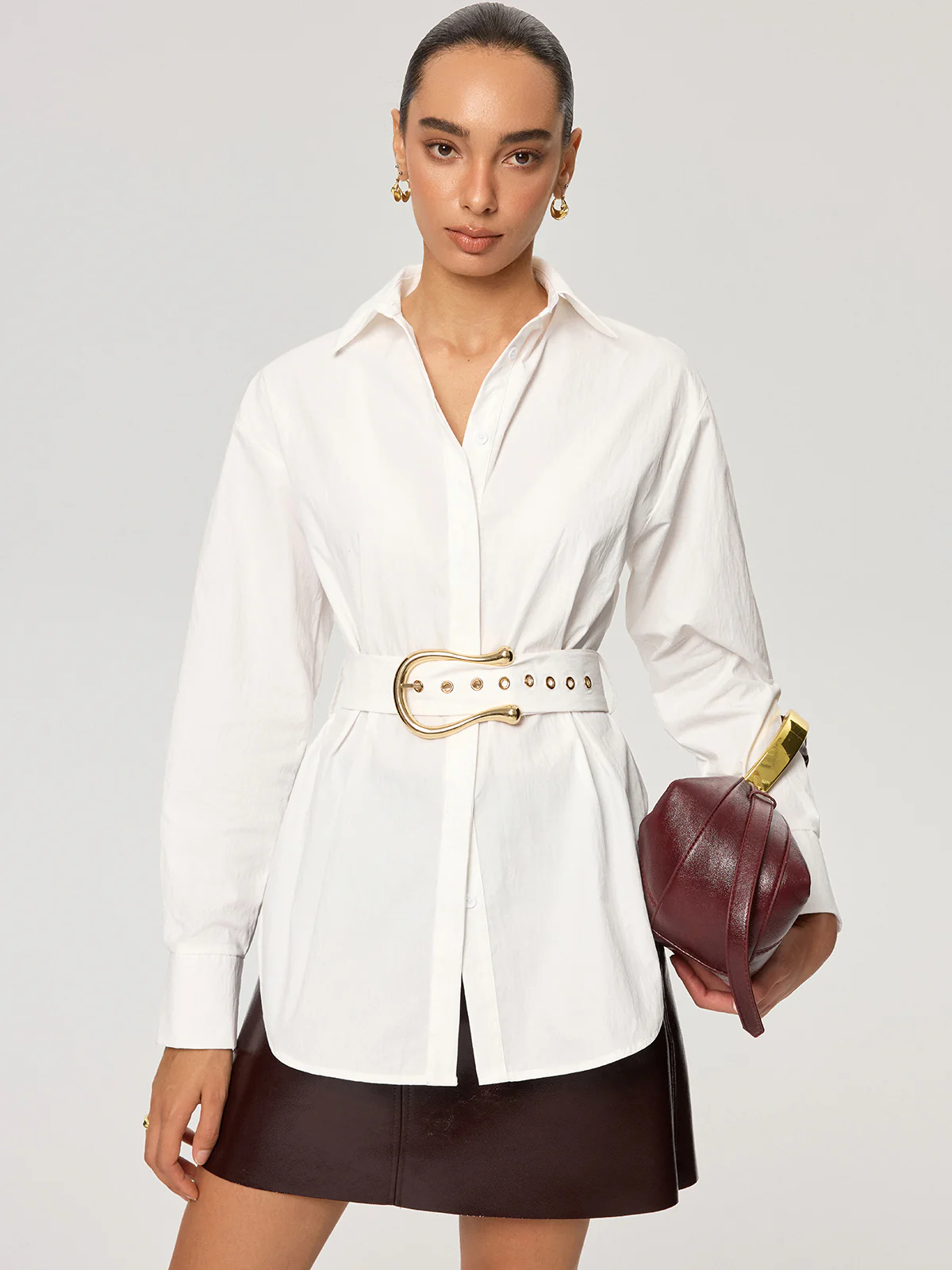 Cotton Blend Shirt with Metal Buckle Belt