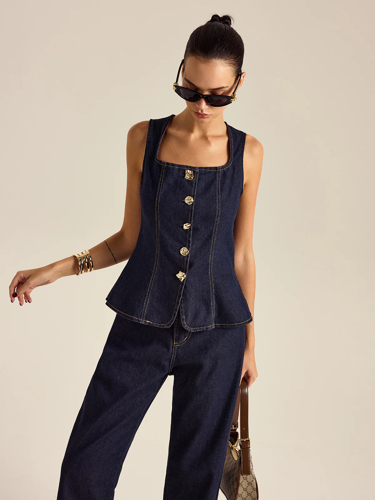 Denim Metal Button Peplum Top and Pants Set