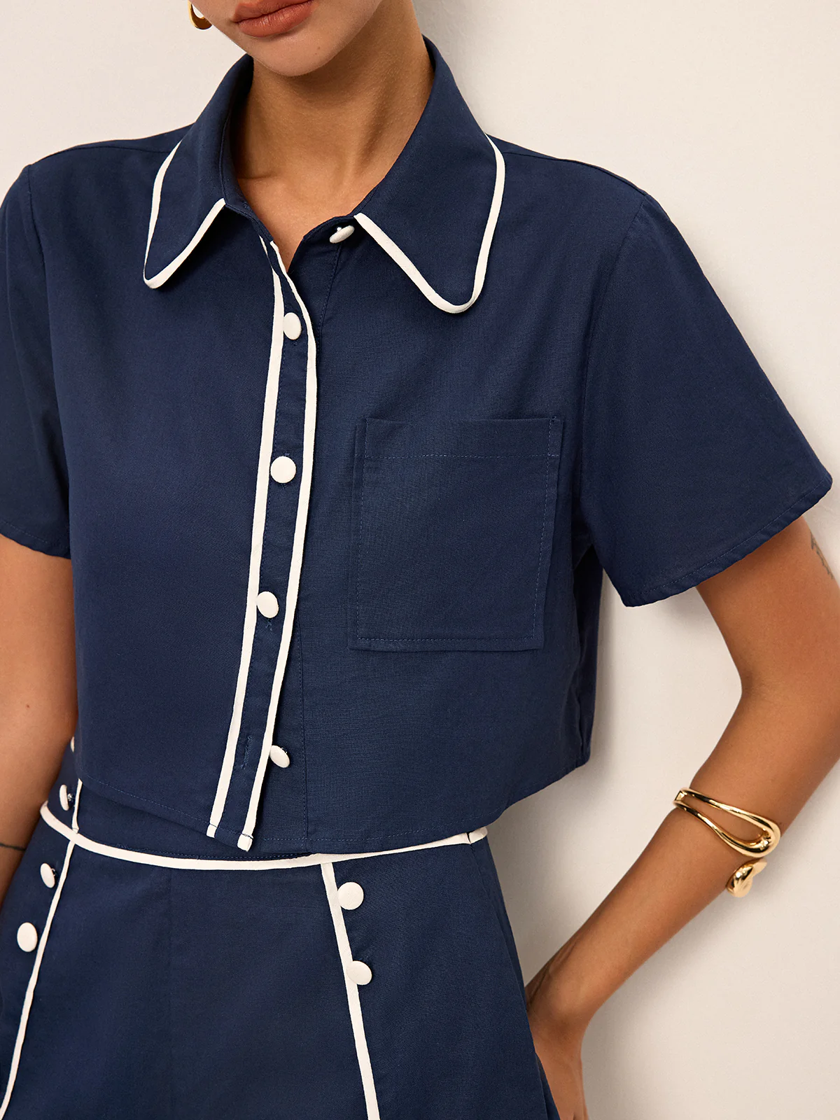 Contrast Piping Crop Shirt and Shorts Set