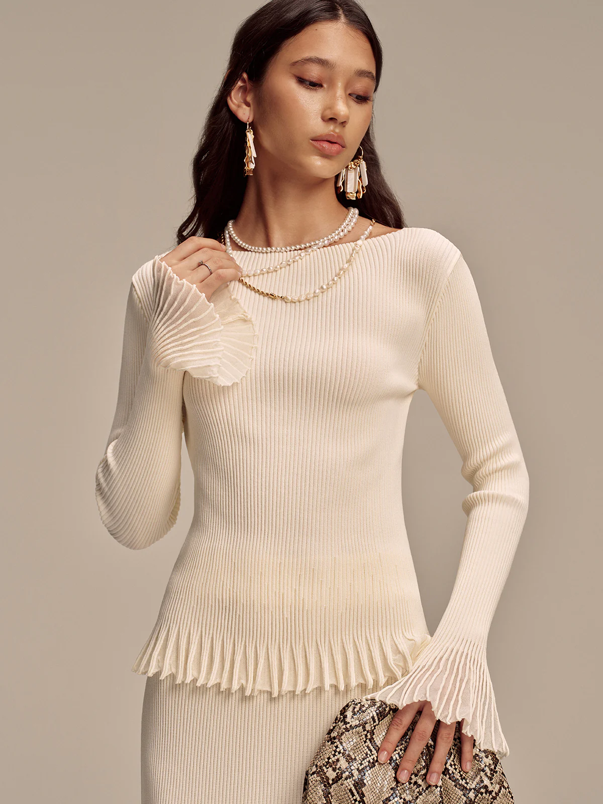 Ribbed Knit Mesh Ruffled Hem Bell Sleeve Top