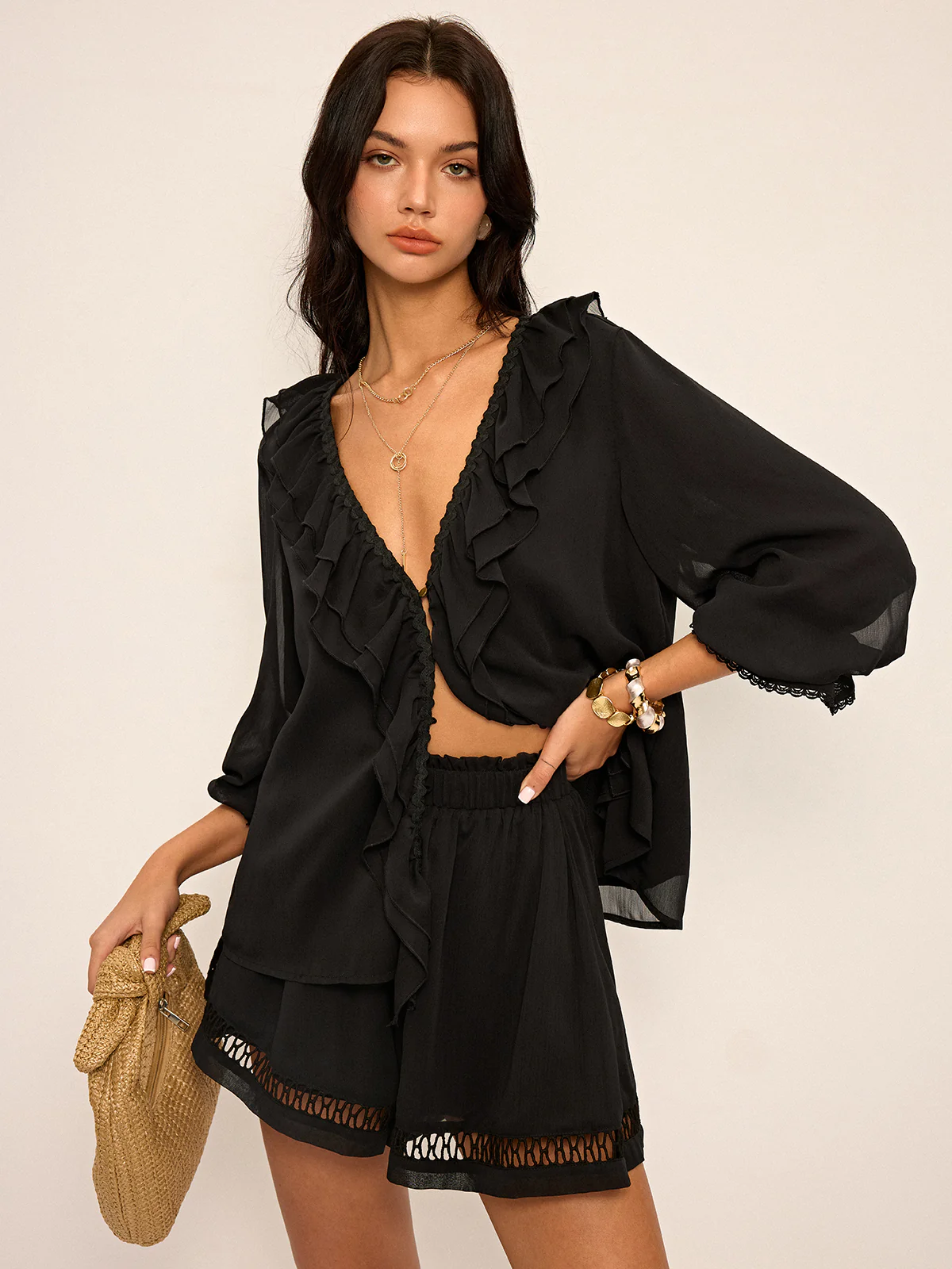 Ruffled Button Chiffon Top and Shorts Set