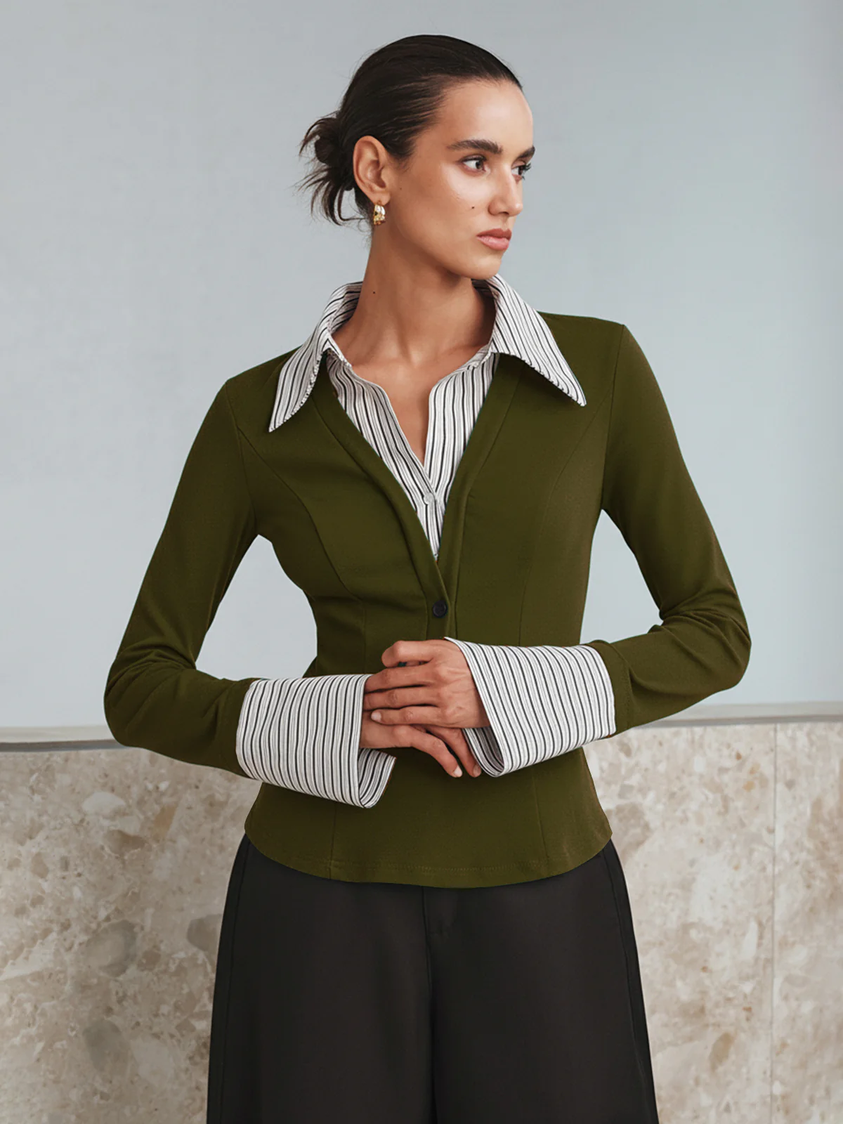 Mock Two-Piece Long-Sleeve Two Tone Polo Top