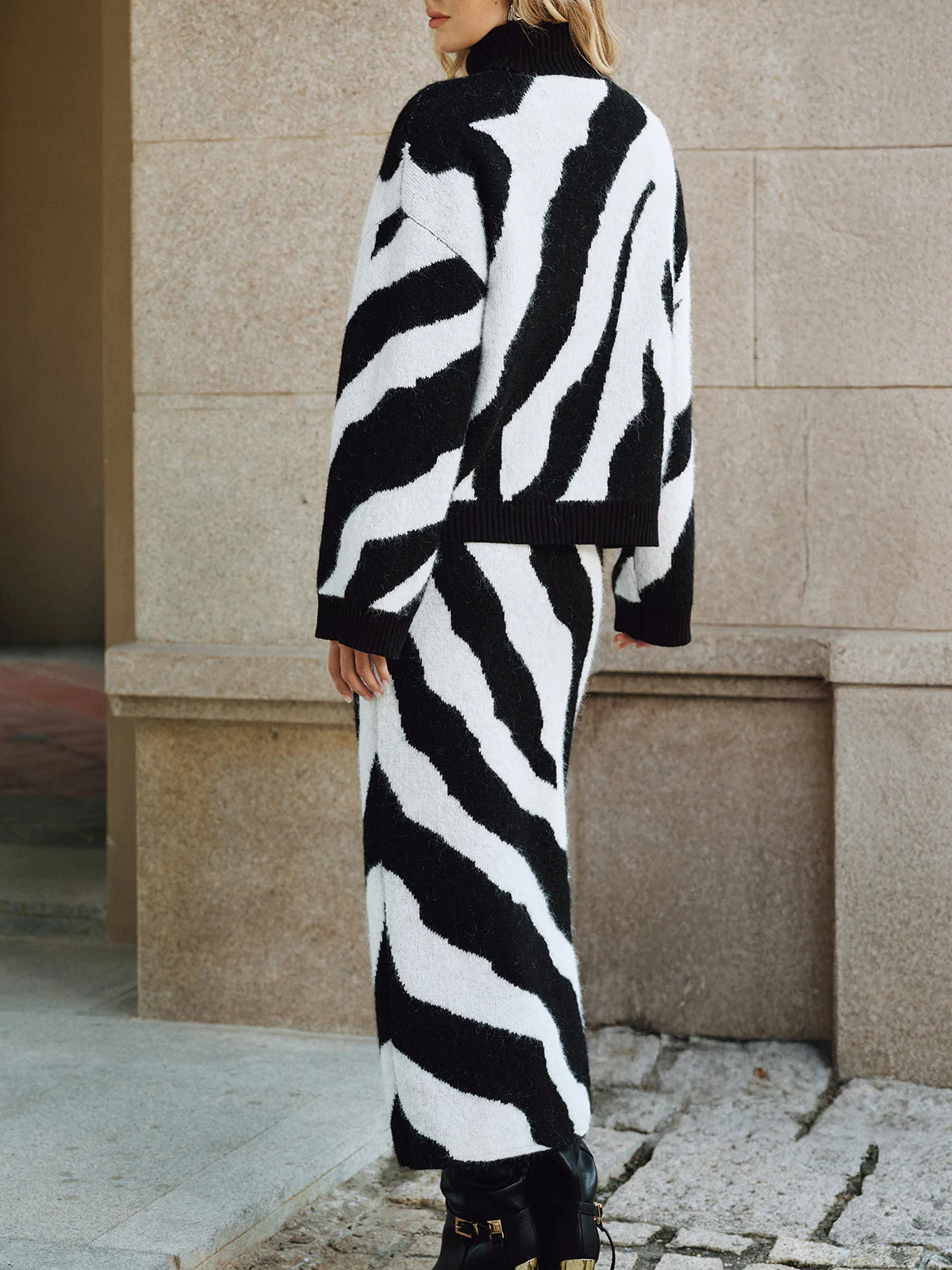 Zebra Print Wool Blend Maxi Skirt