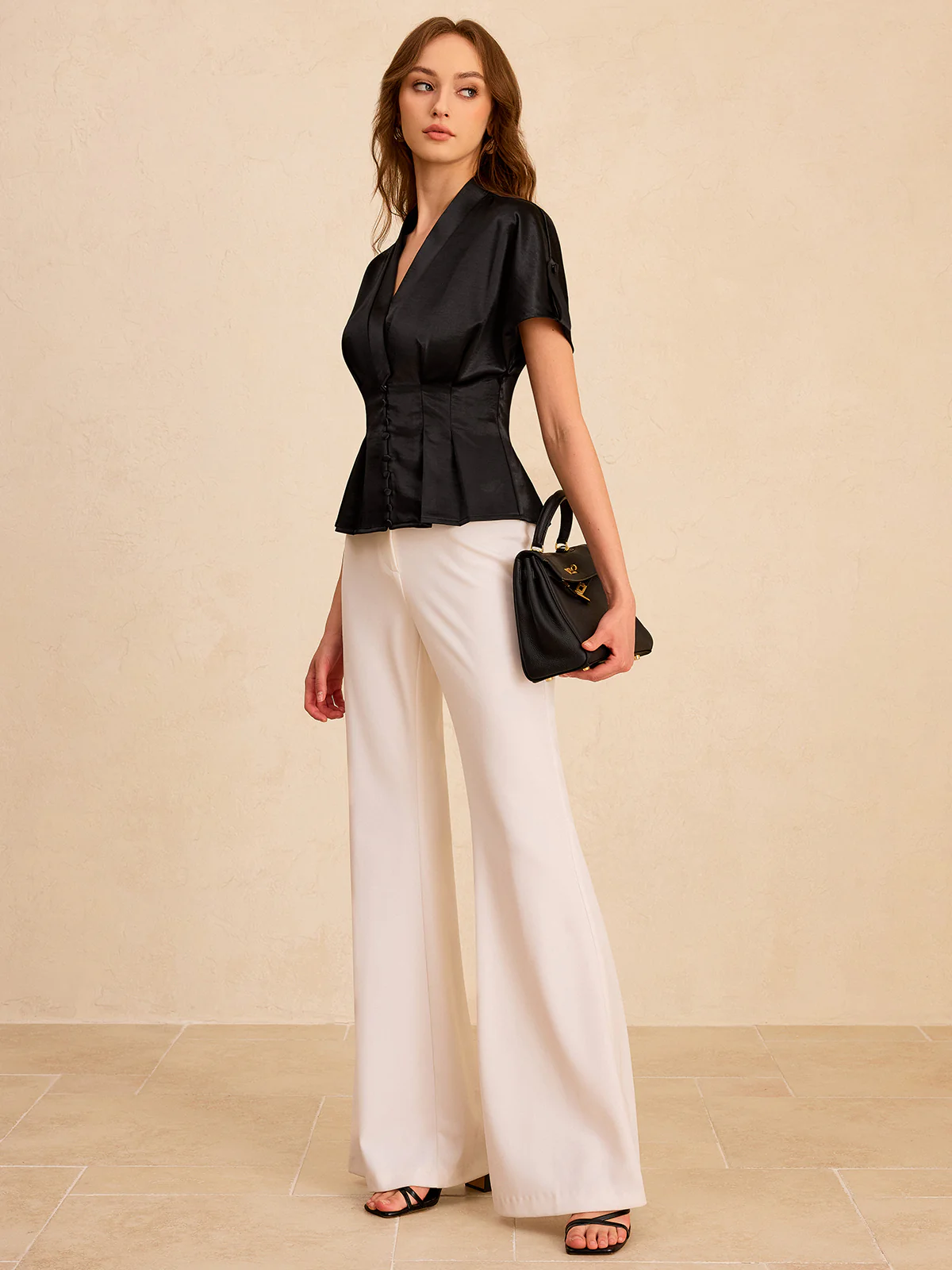 Satin Pleated Button Peplum Top