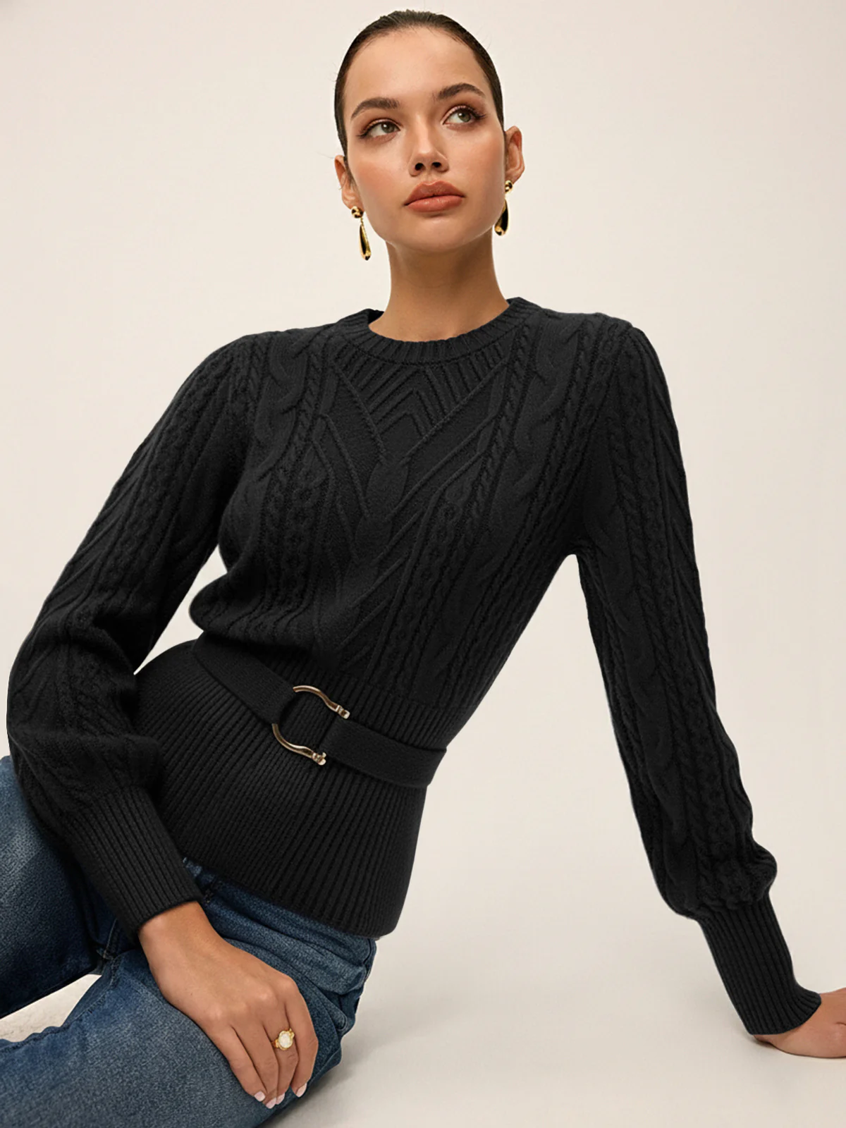 Cinched Waist Belted Cable Knit Top