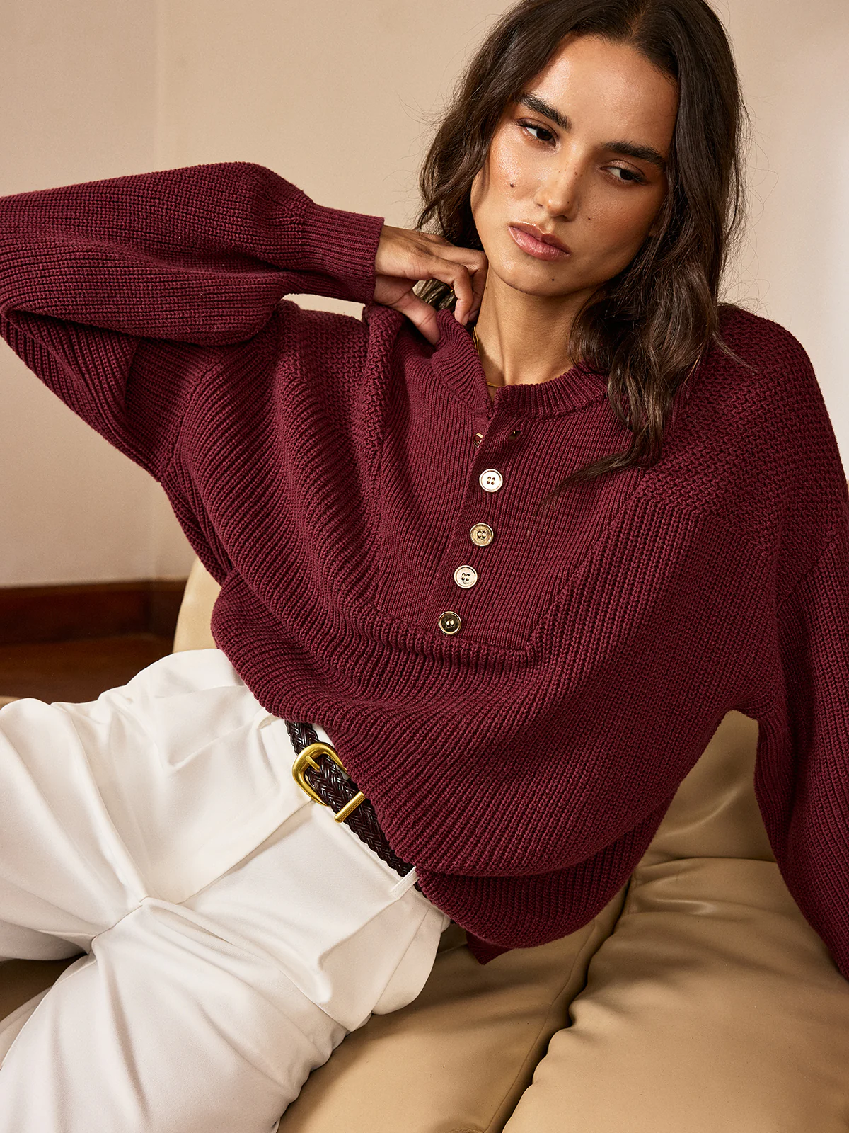 Metal Button-Front Knit Top