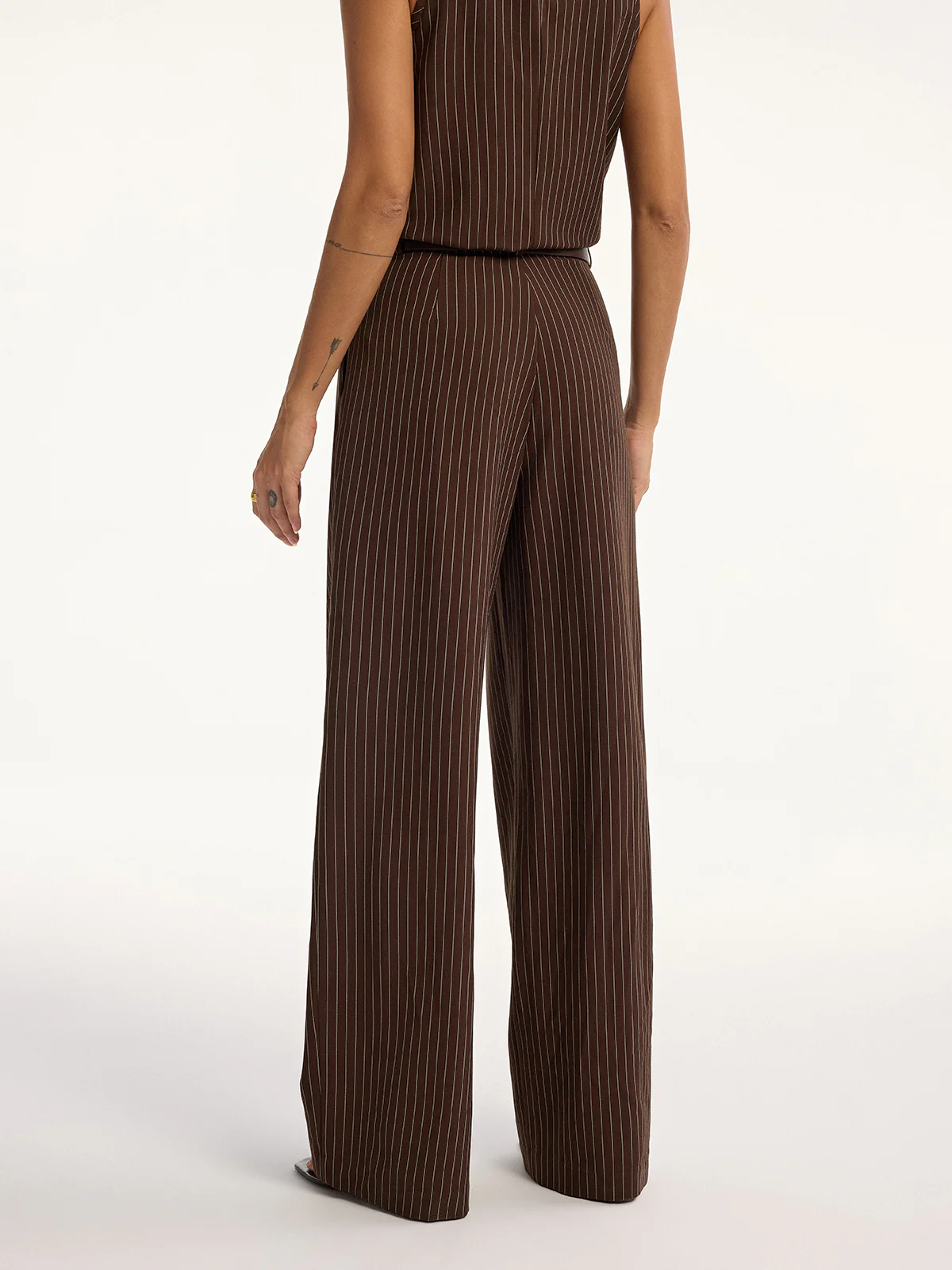 Pinstripe Sleeveless Top and Pants Set with Belt