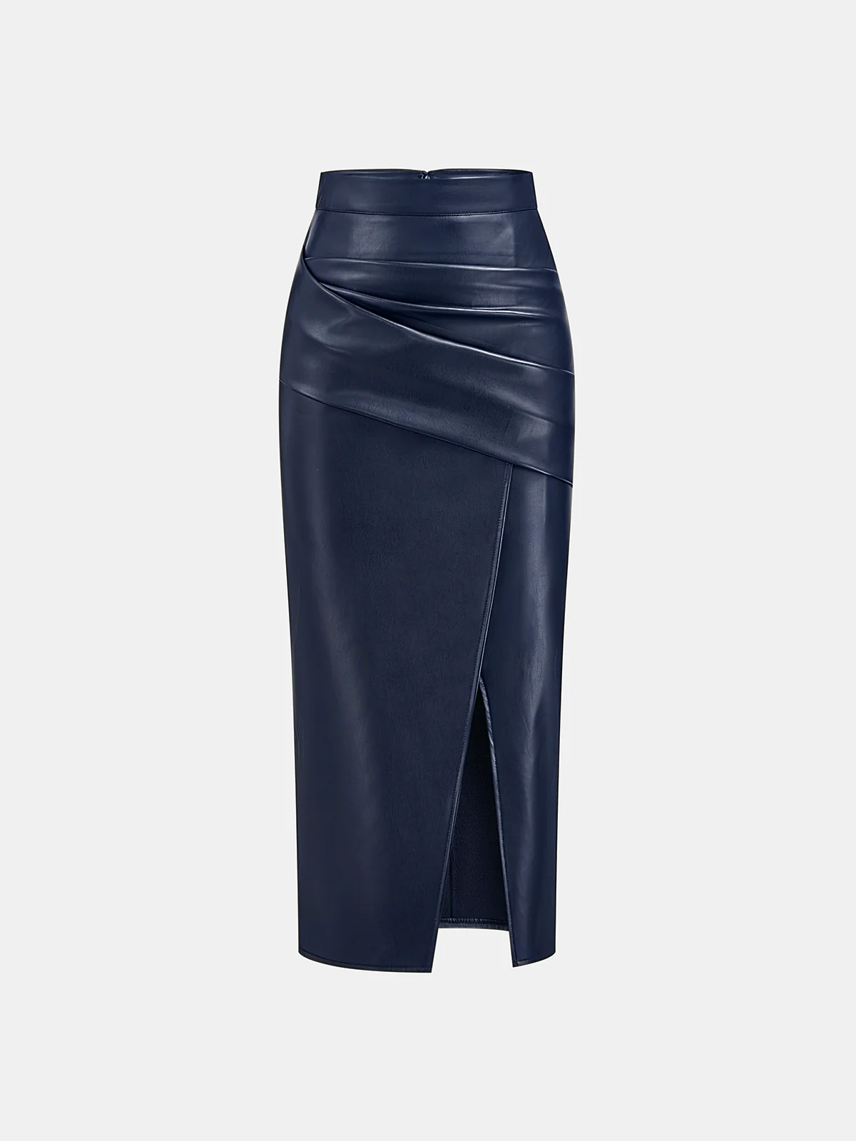 Ruched Slit PU Leather Midi Skirt