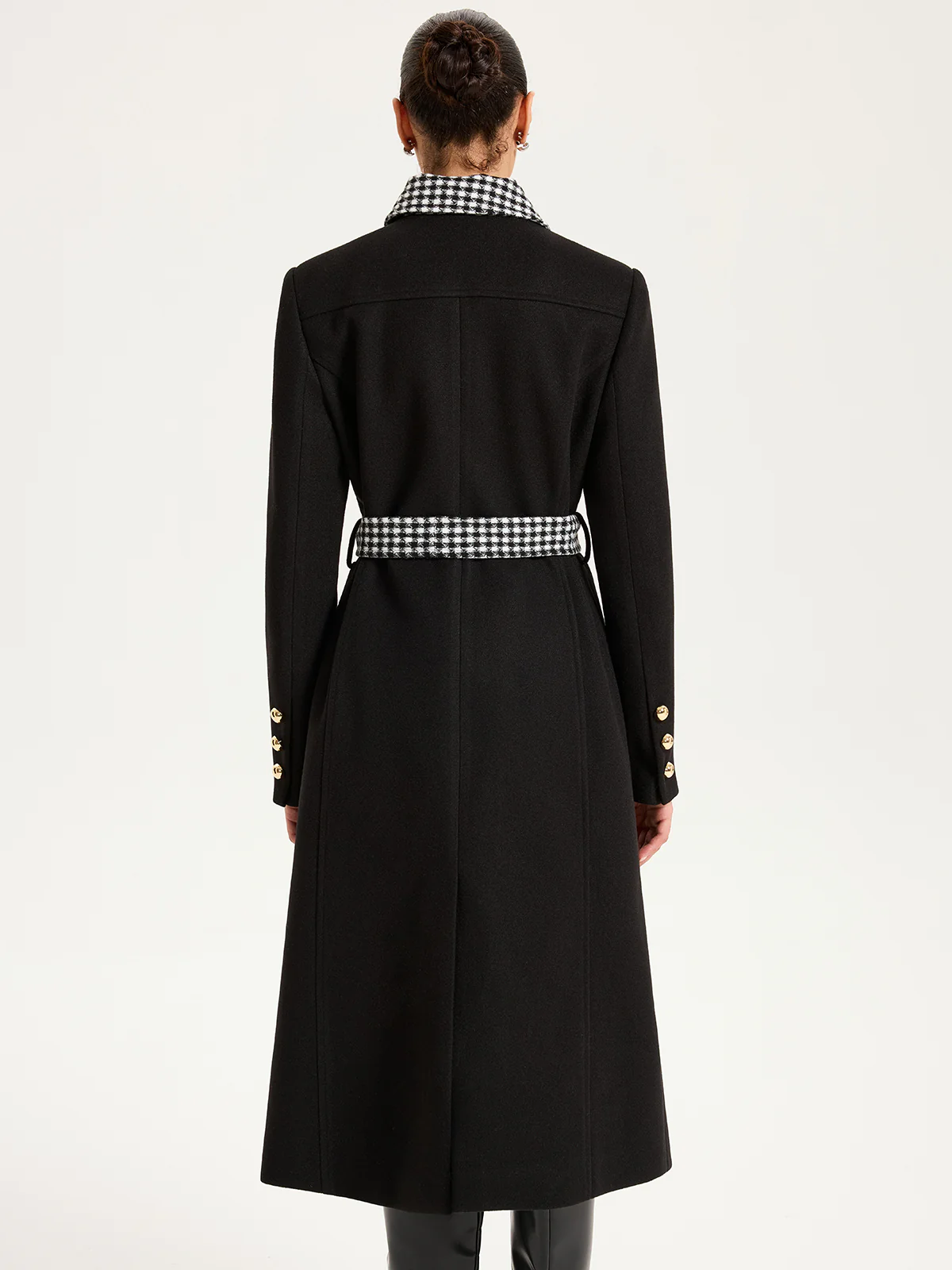 Belted Houndstooth Collar Long Coat
