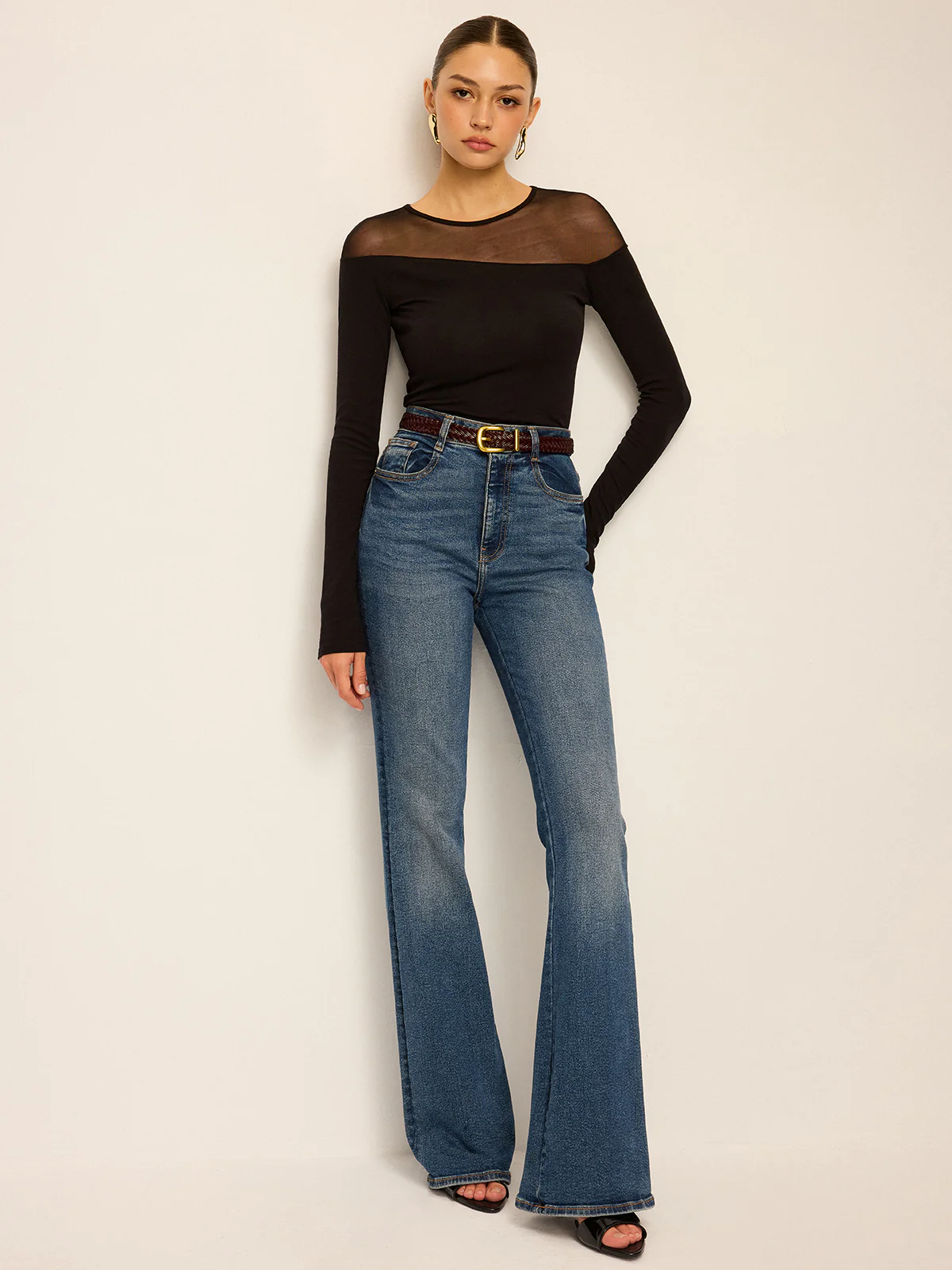 Sheer-Paneled Long-Sleeve Top