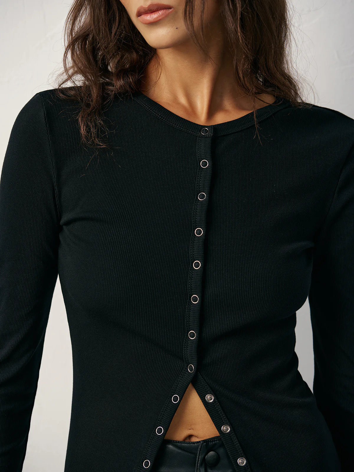 Button-Front Fitted Ribbed T-Shirt