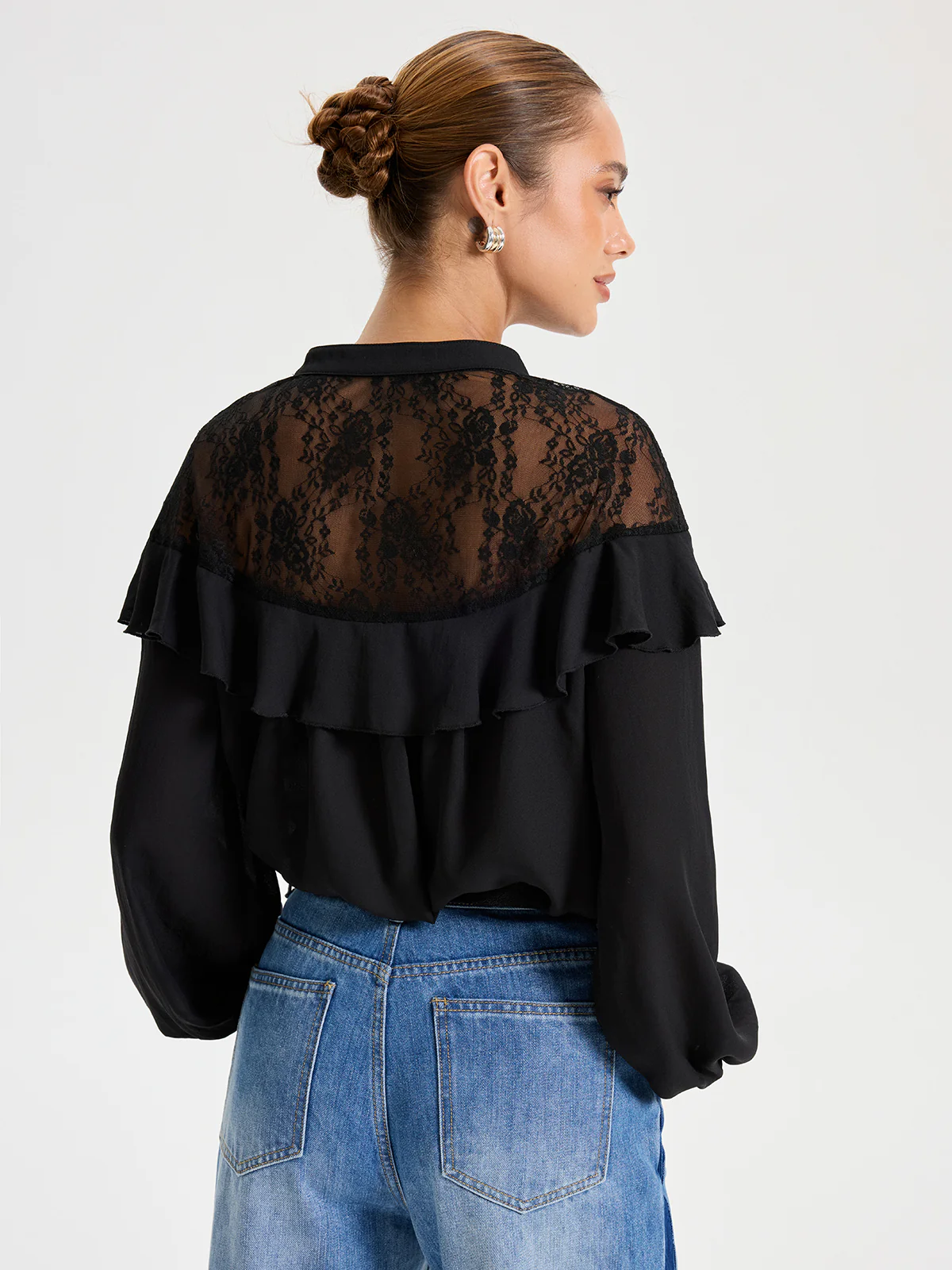 Black Lace Detailed Long Sleeve Blouse