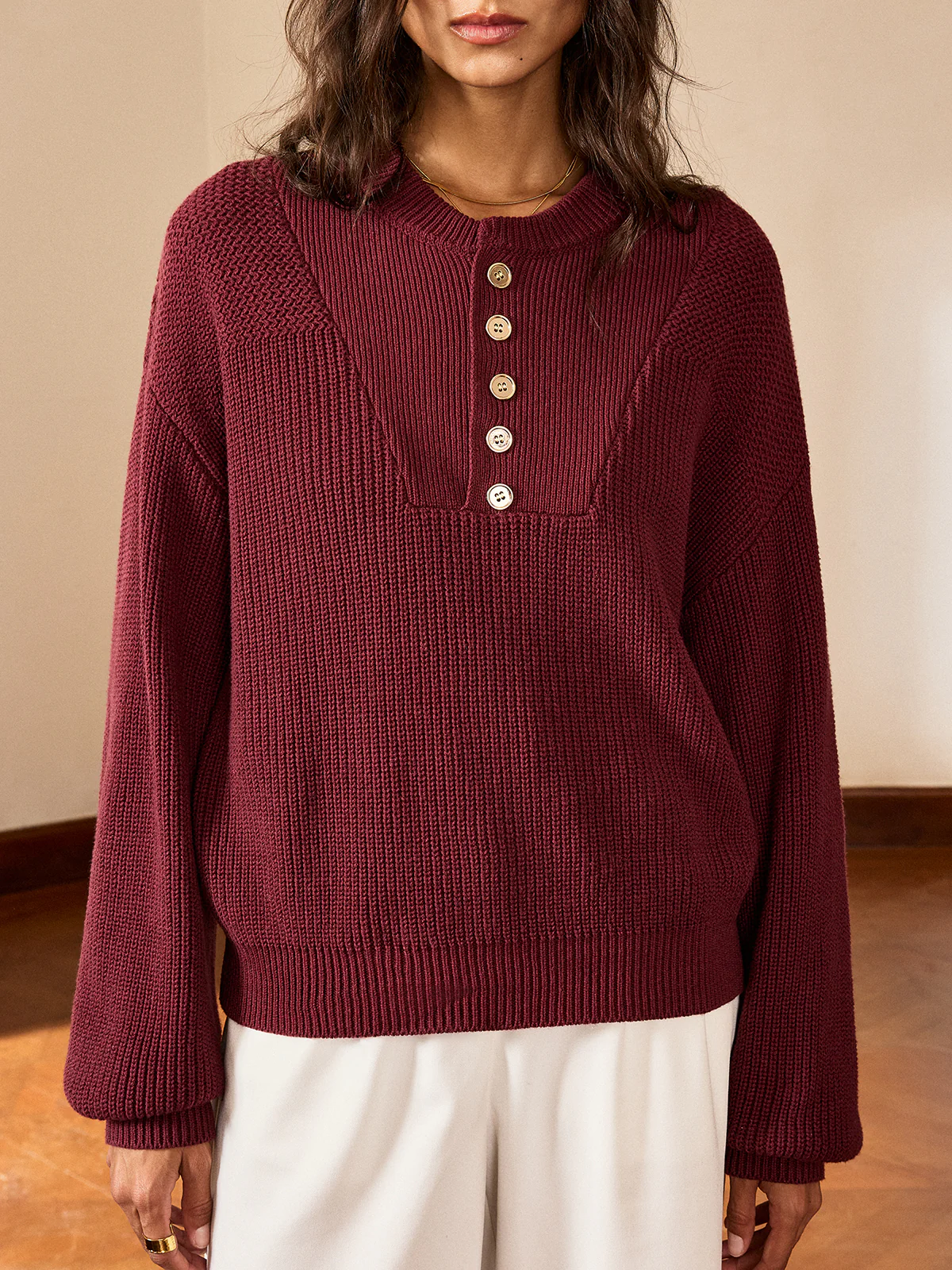 Metal Button-Front Knit Top