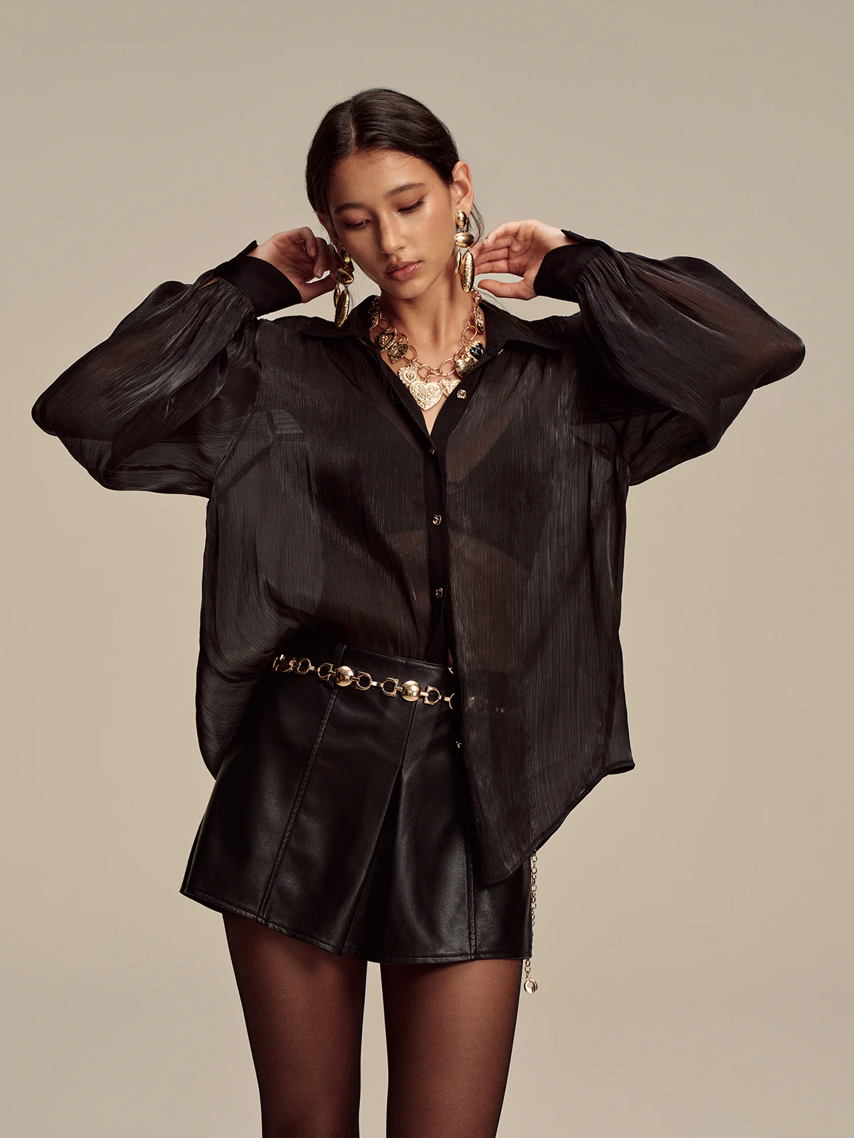 Sheer Chiffon Textured Metal Button Shirt